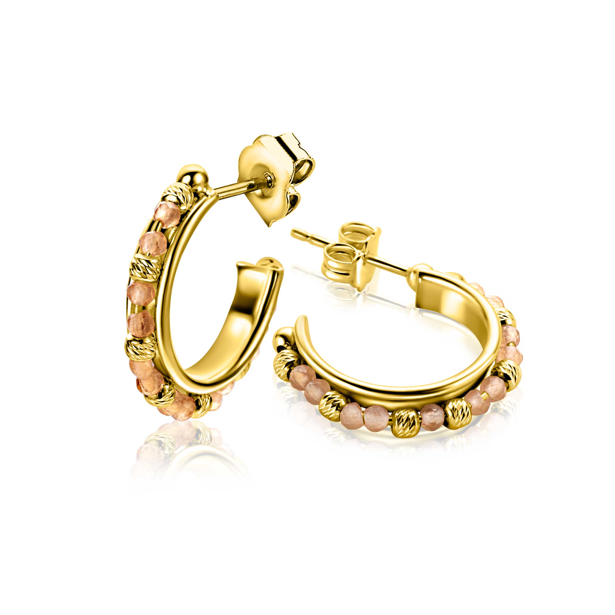 20mm ZINZI gold plated zilveren oorstekers met ronde champagne beads en bewerkte bolletjes ZIO-BF128