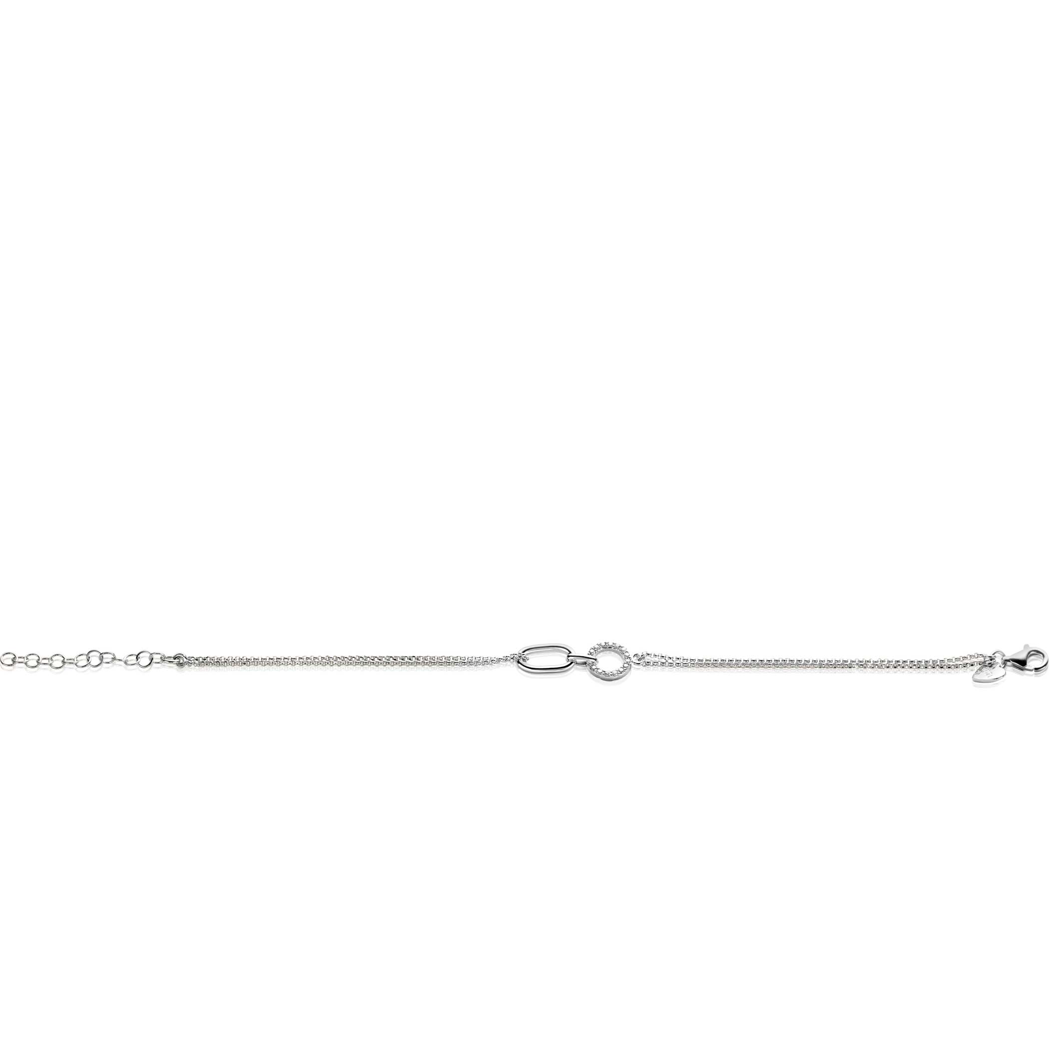 ZINZI zilveren multi-look armband met twee kettinkjes, verbonden aan een ovale schakel en open rondje bezet met witte zirconia's 17-20cm ZIA2463