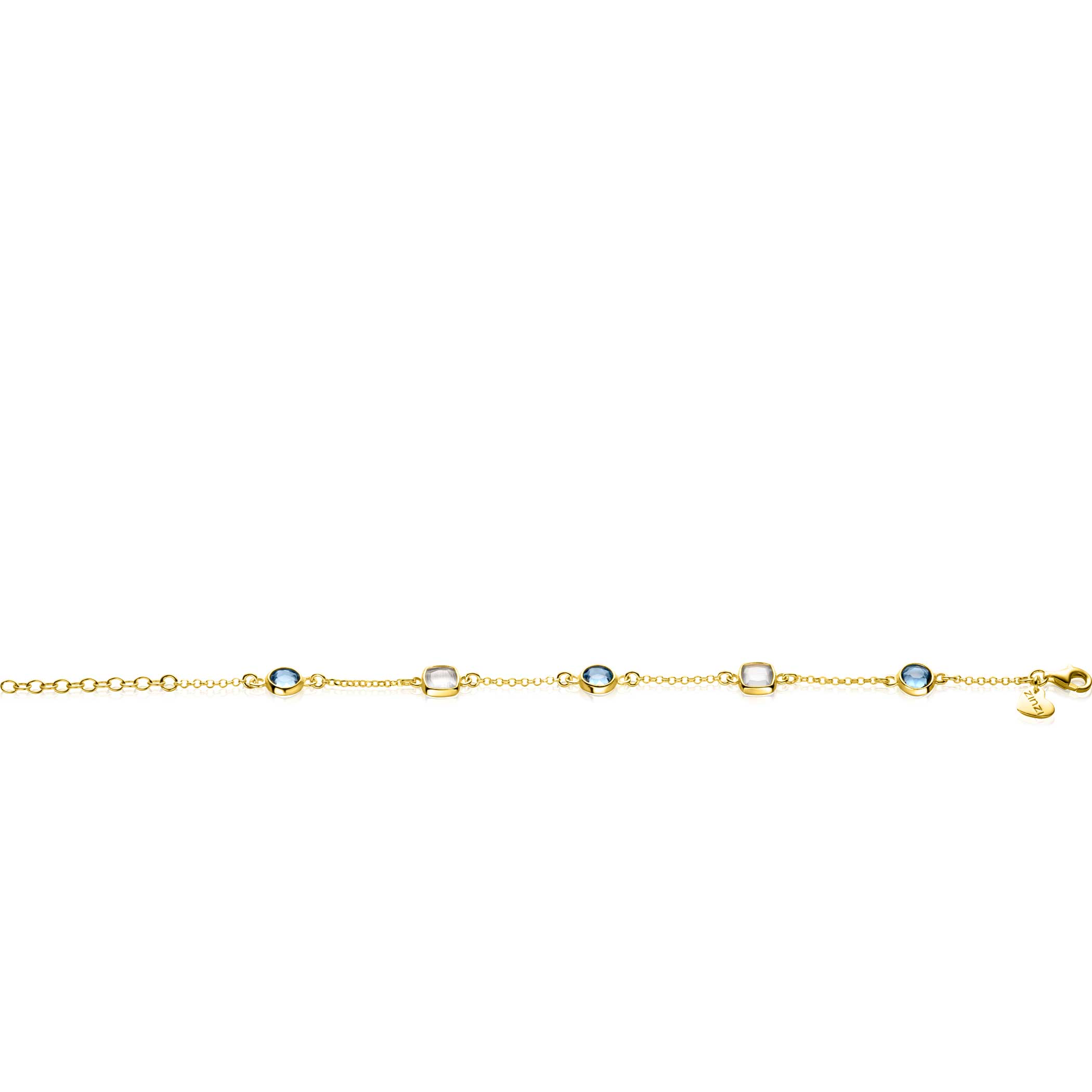 ZINZI gold plated zilveren armband met ronde en vierkante zettingen jeansblauw en witgrijs 17-20cm ZIA2526G