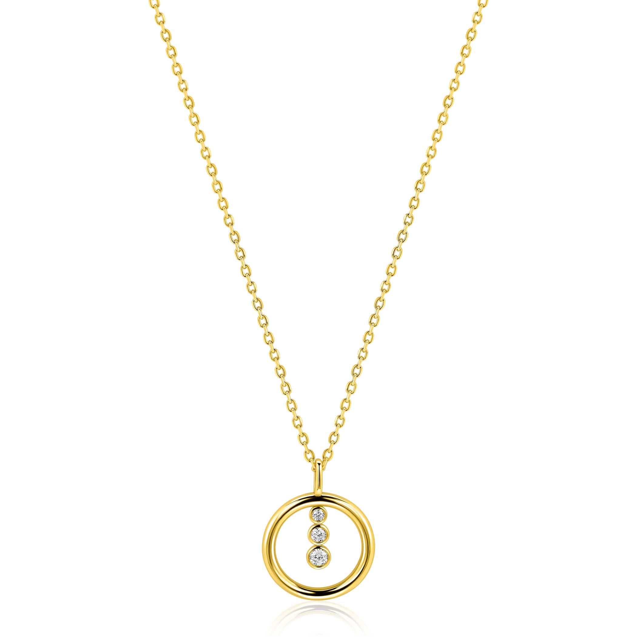 ZINZI gold plated zilveren ketting 45cm met ronde hanger en drie fonkelende witte zirkonia's ZIC2820Y
