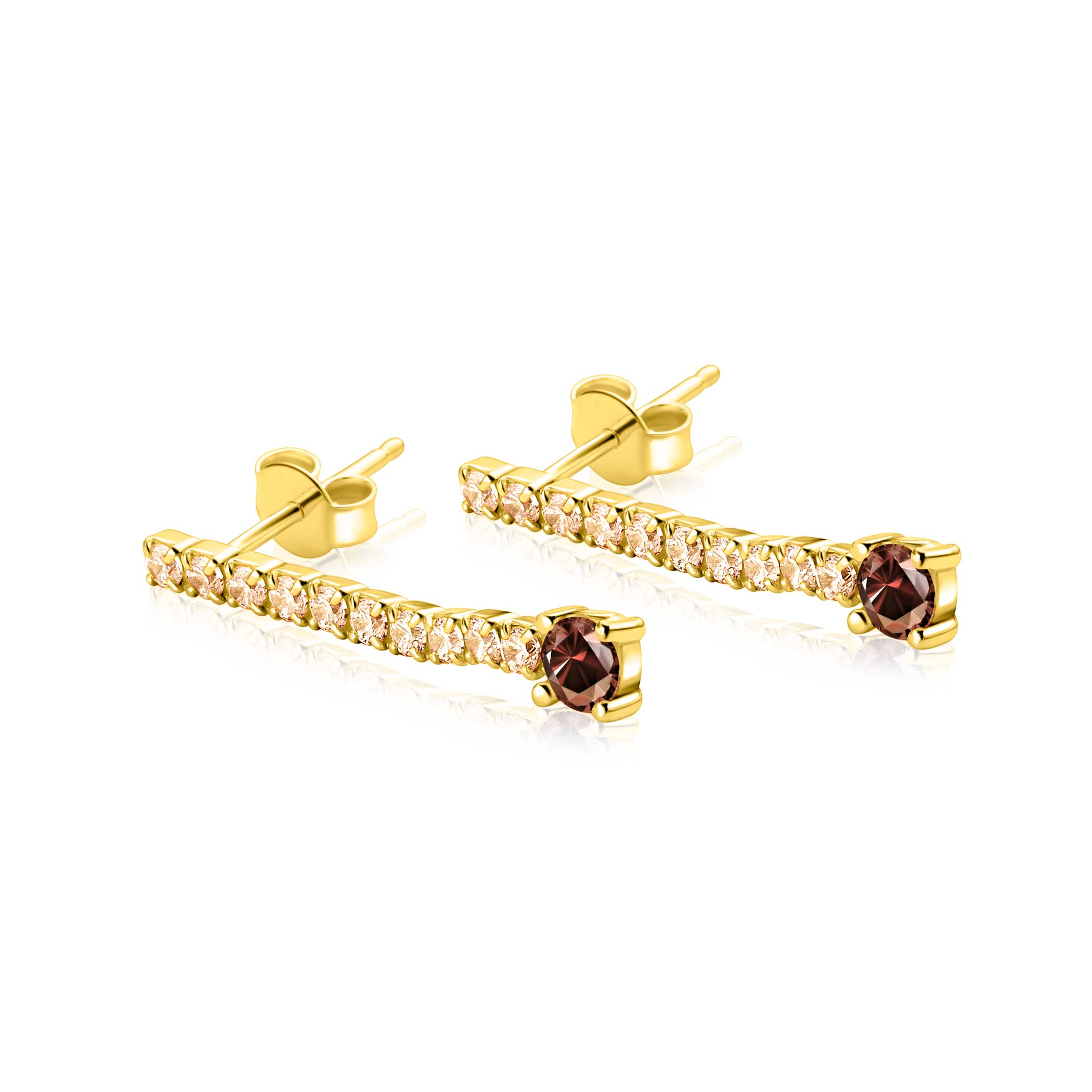26mm ZINZI gold plated zilveren tennis oorstekers met een rijzetting champagnekleurige zirkonia's en iets grotere donkerbruine zirkonia's ZIO2894C