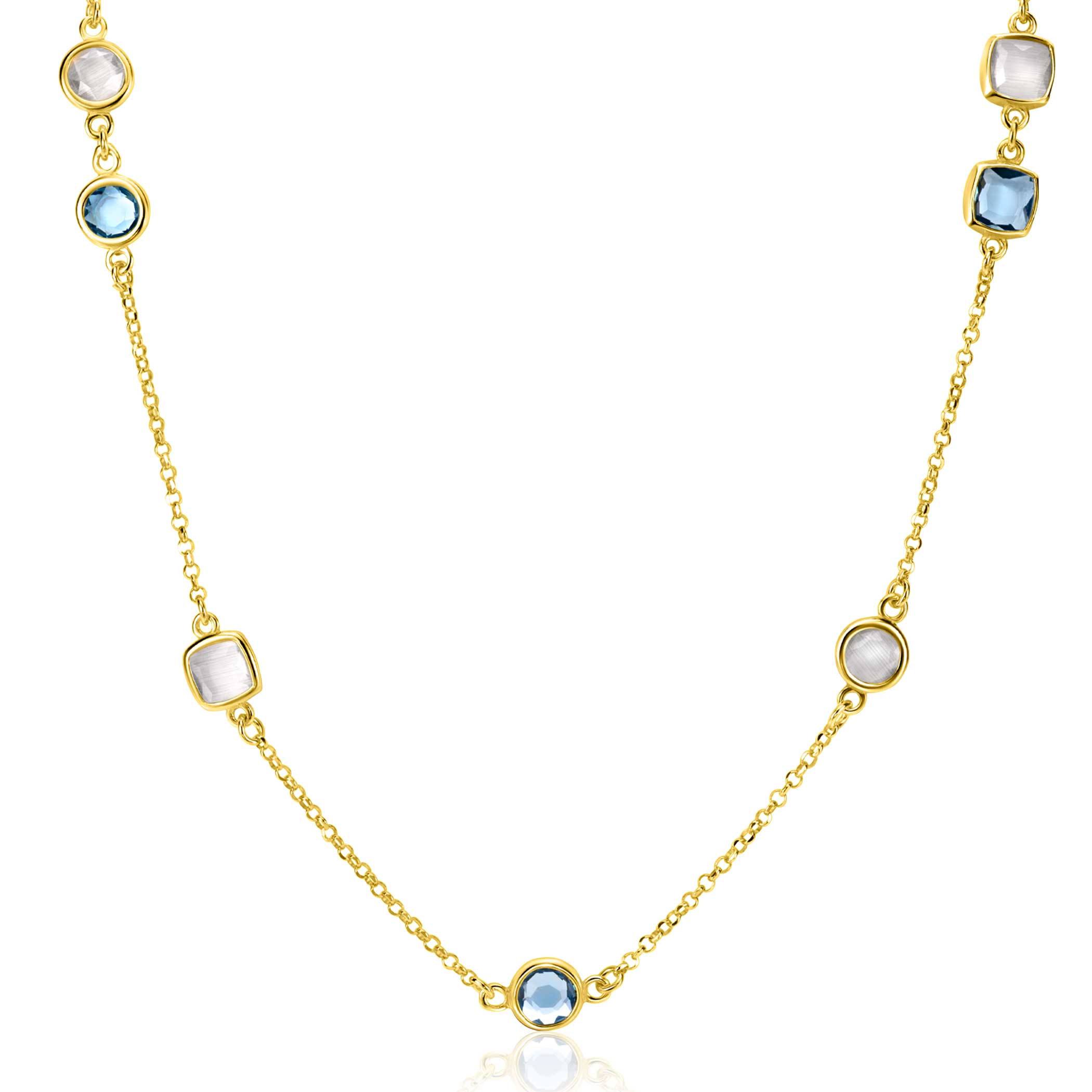 ZINZI gold plated zilveren ketting met ronde en vierkante zettingen jeansblauw en witgrijs 42-45cm ZIC2526G