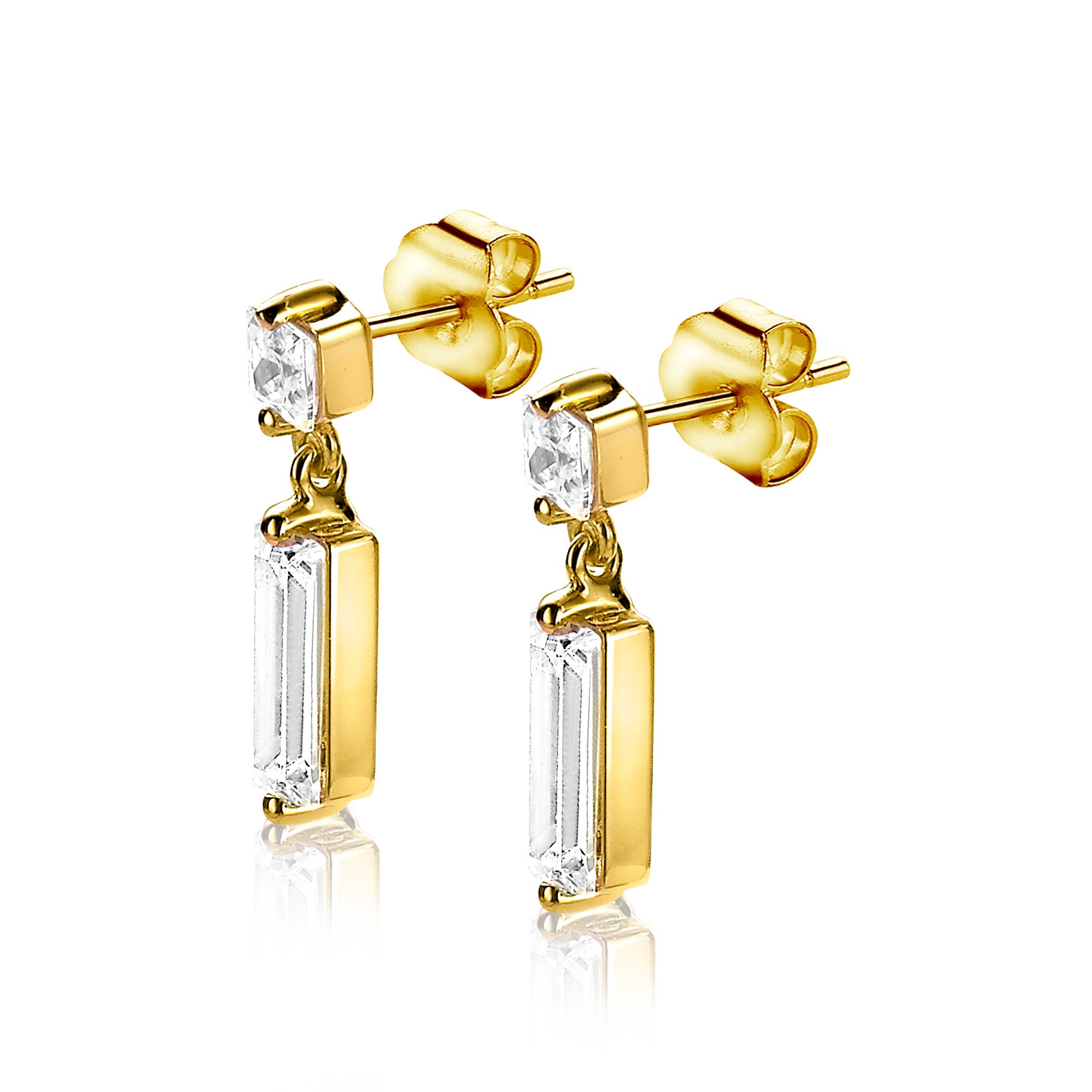 ZINZI zilveren oorsieraden geel verguld 15mm baguette rechthoek vierkant wit ZIO2056Y