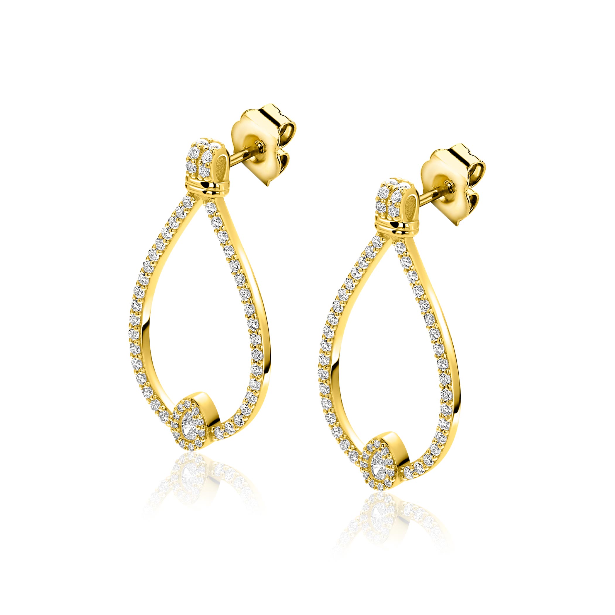 29mm ZINZI goldplated zilveren luxe oorstekers met grote sierlijke open druppelvorm, bezet met witte zirkonia’s ZIO2815