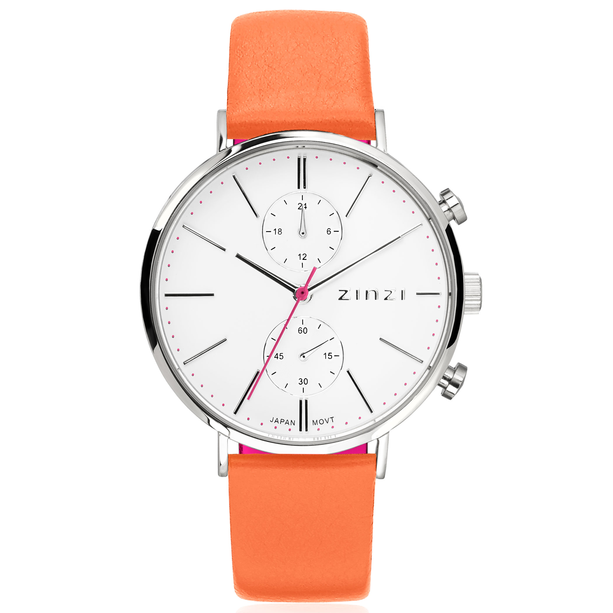Matroos Barcelona Supermarkt ZINZI Traveller horloge witte wijzerplaat en kast oranje leren band 39mm  dual time ZIW706O