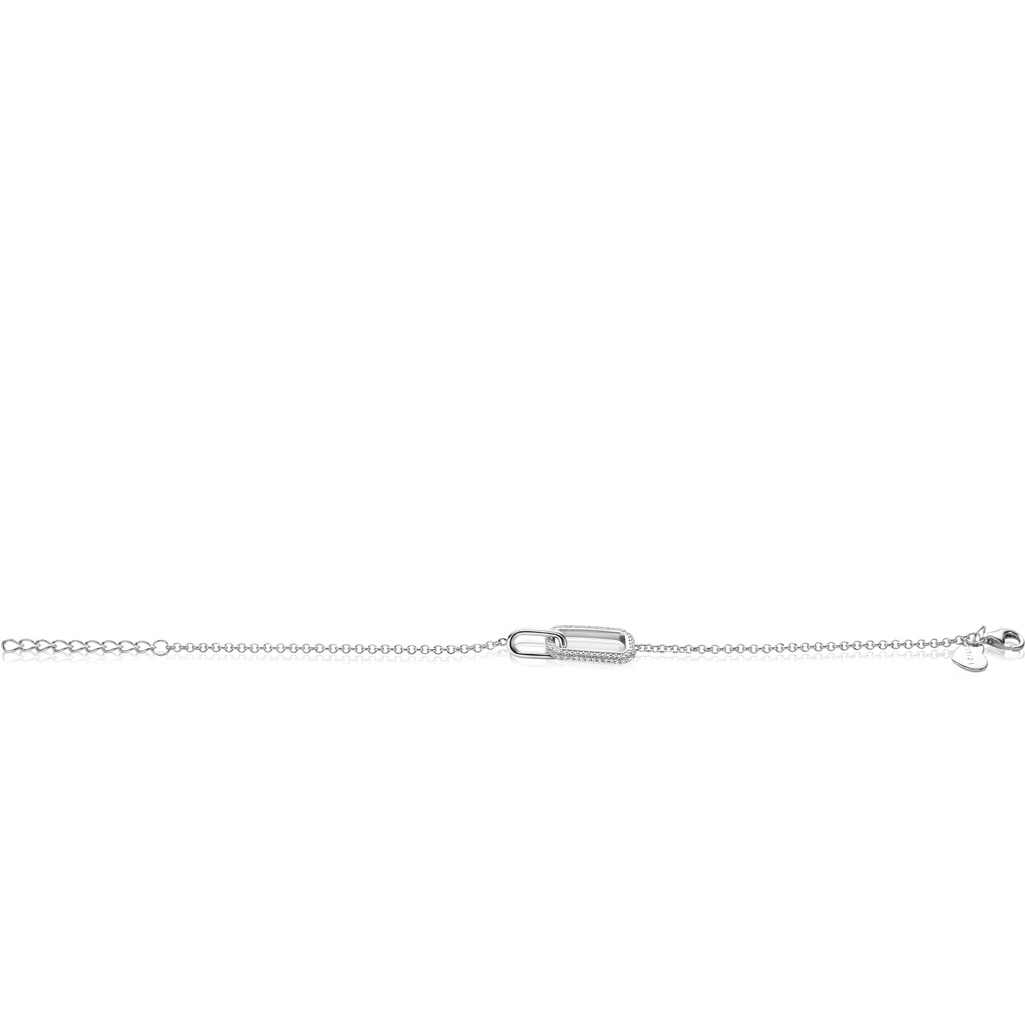 ZINZI zilveren armband met twee verbonden schakels: een rechthoekige bezet met witte zirconia's en een gladde ovale schakel 16,5-19,5cm ZIA2551