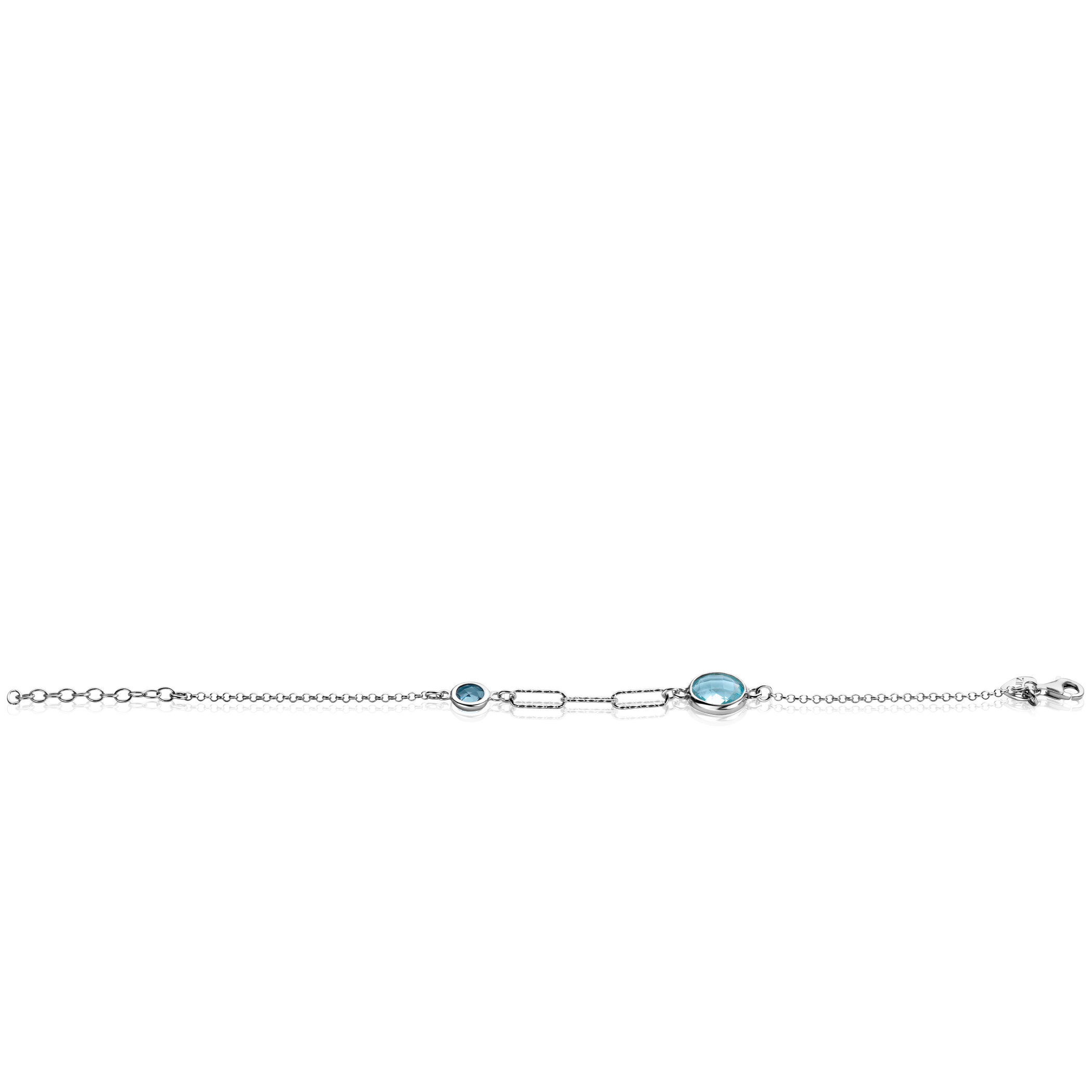ZINZI zilveren armband met twee ronde zettingen bezet met licht blauwe en indigo blauwe kleurstenen en drie trendy paperclip-schakels 16-19cm ZIA2418