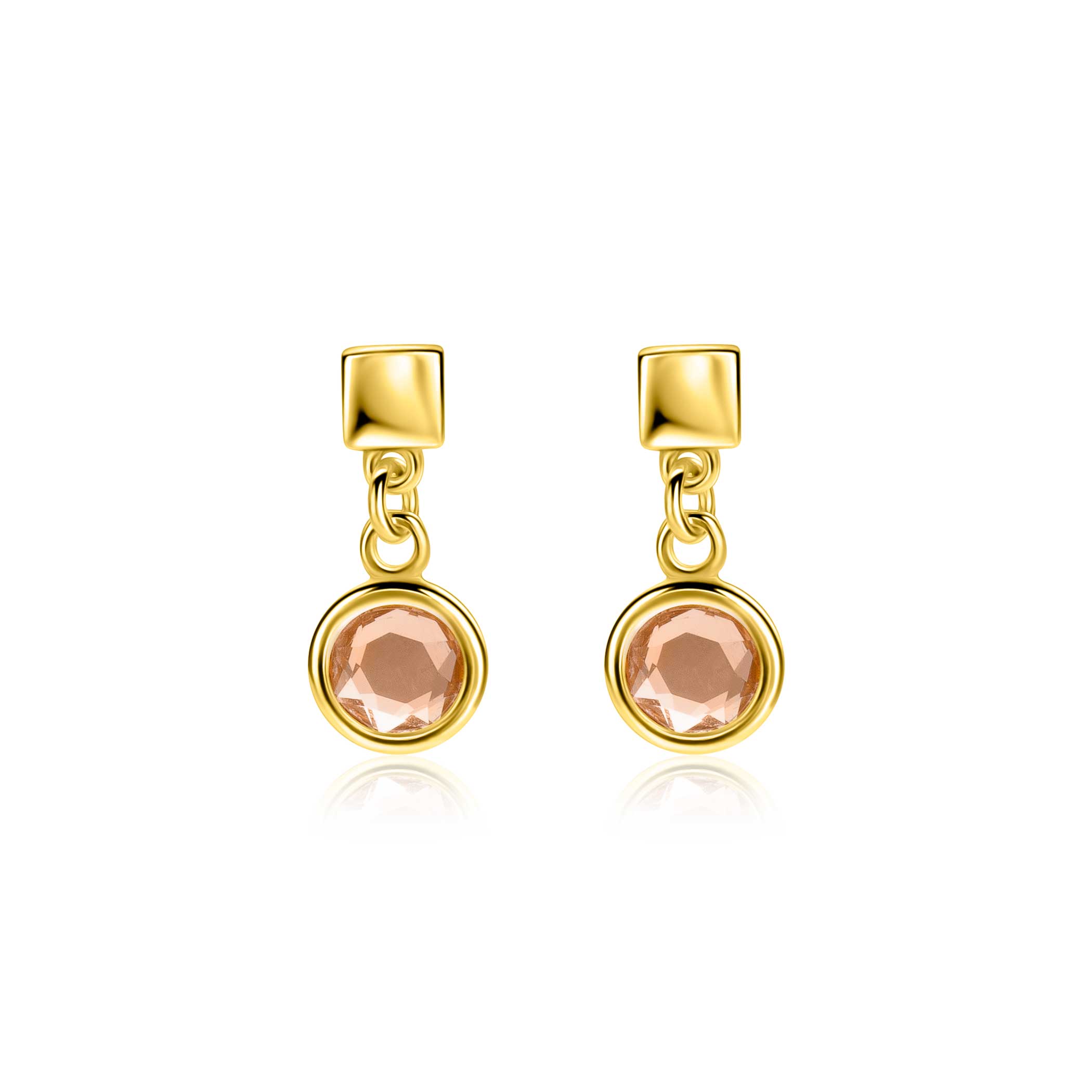 16mm ZINZI gold plated zilveren oorstekers met een vierkante gladde stud en een hangende ronde champagnekleurige zirkonia ZIO2907