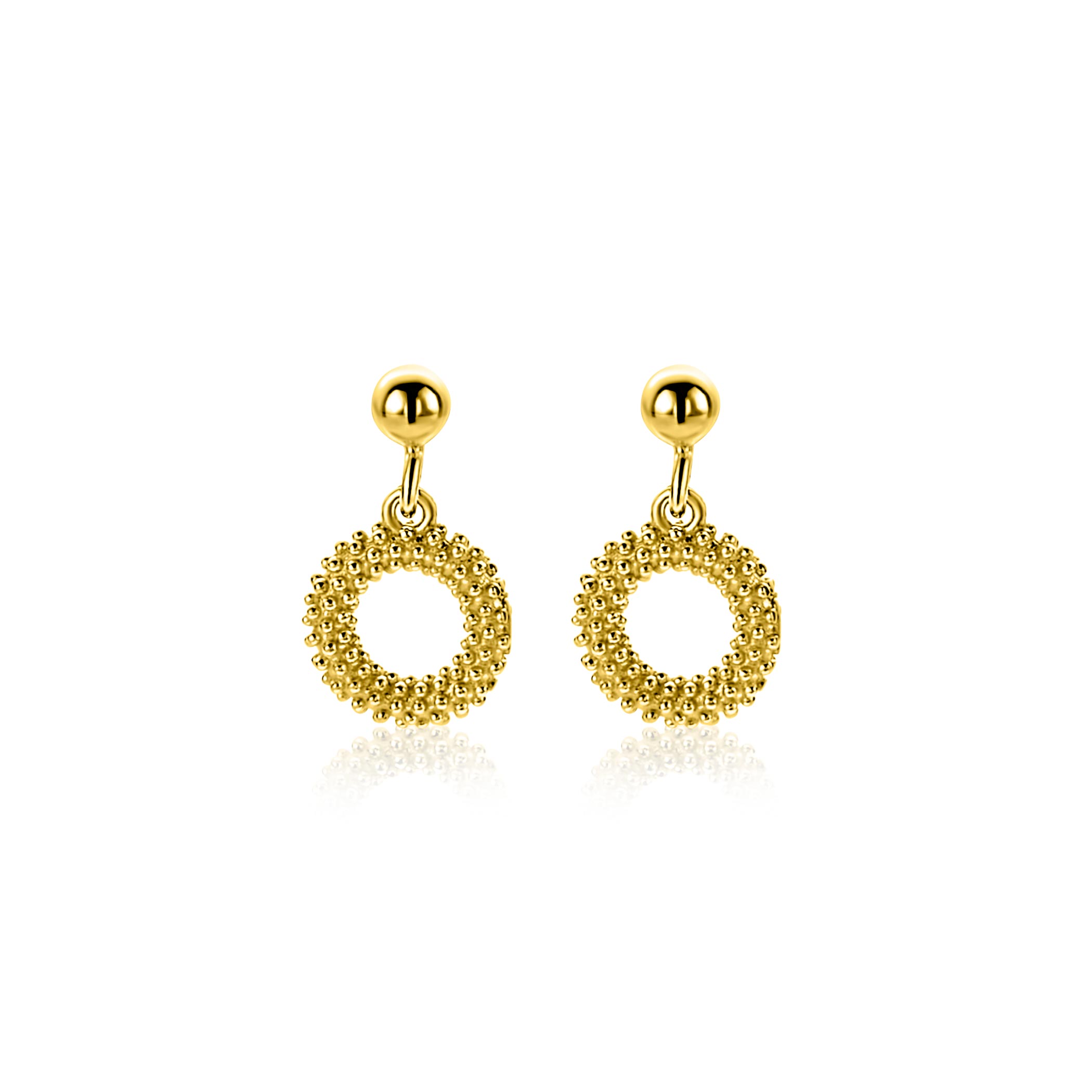 14mm ZINZI gold plated zilveren oorstekers met open rondje van 8,5mm voorzien van een bolstructuur ZIO2704G