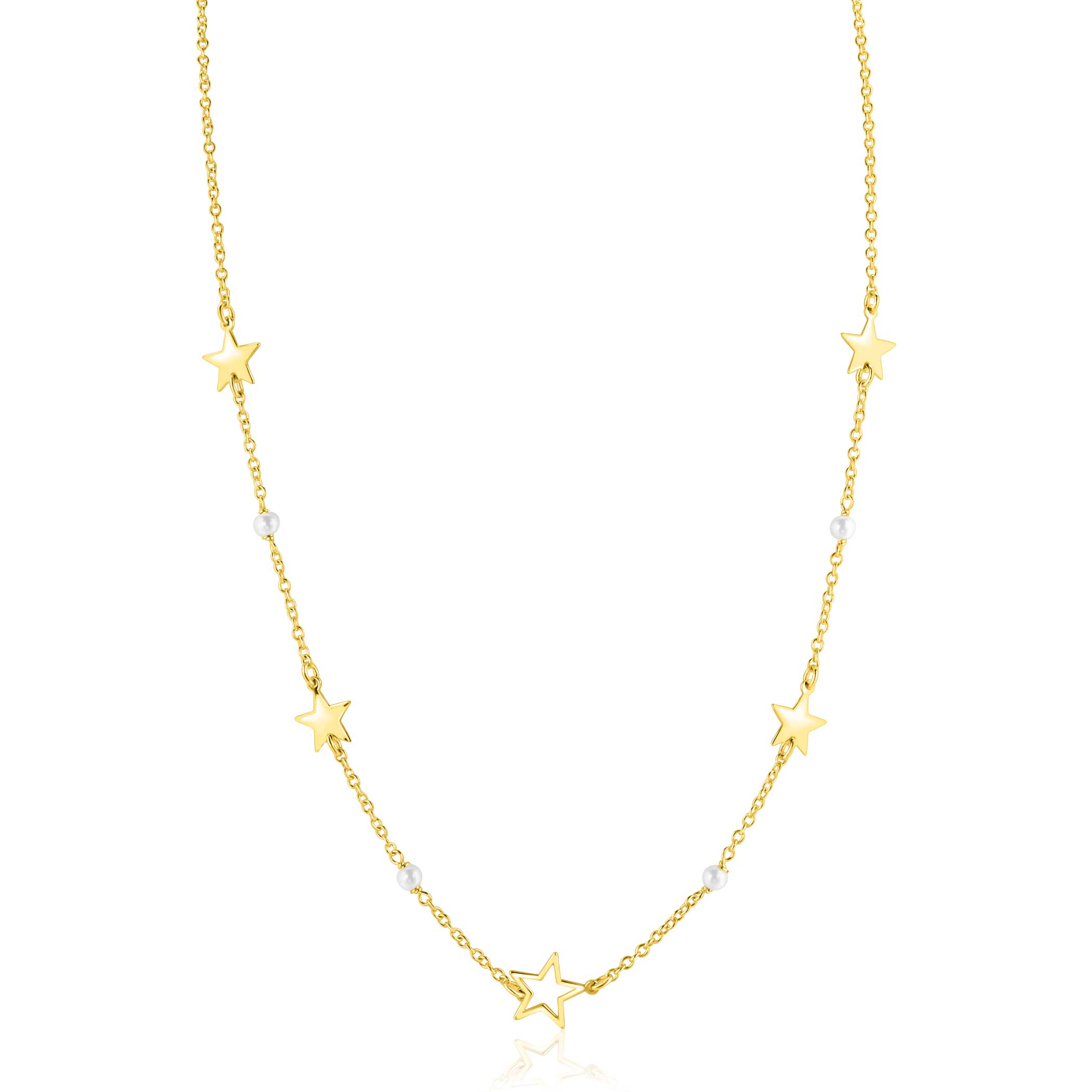 ZINZI goldplated zilveren ketting 45cm met glanzende sterren en witte pareltjes ZIC2780