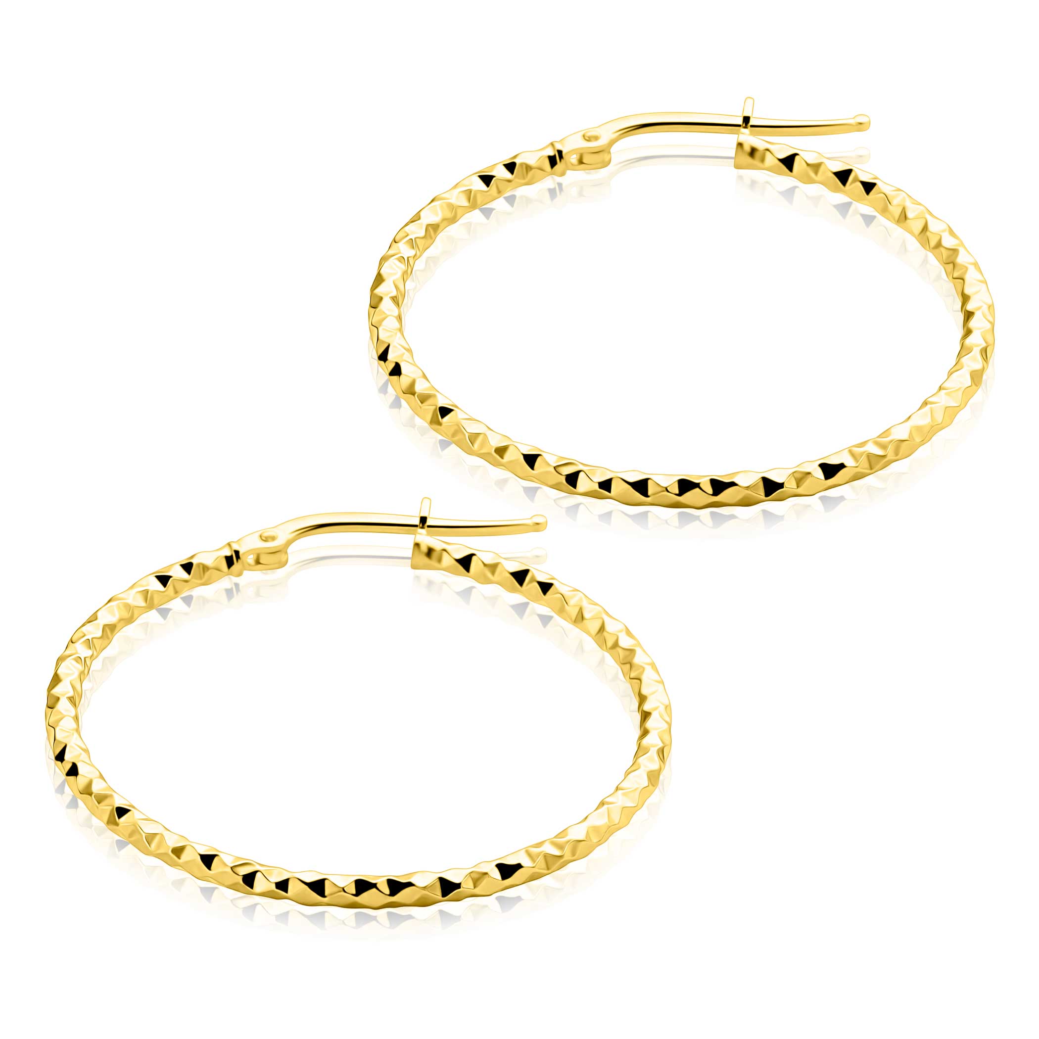 33mm ZINZI gold plated zilveren grote oorringen met gefacetteerde buis en handige bovensluiting ZIO2911G
