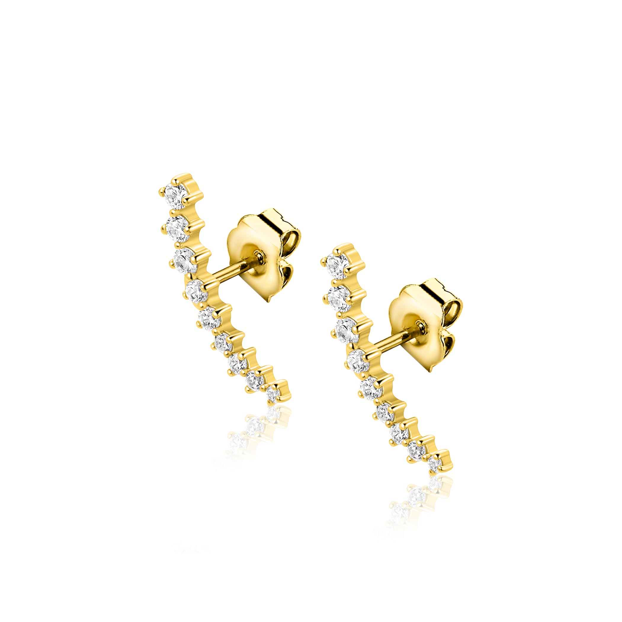 15mm ZINZI goldplated zilveren oorstekers met asymmetrische curve bezet met negen witte zirkonia's ZIO2818