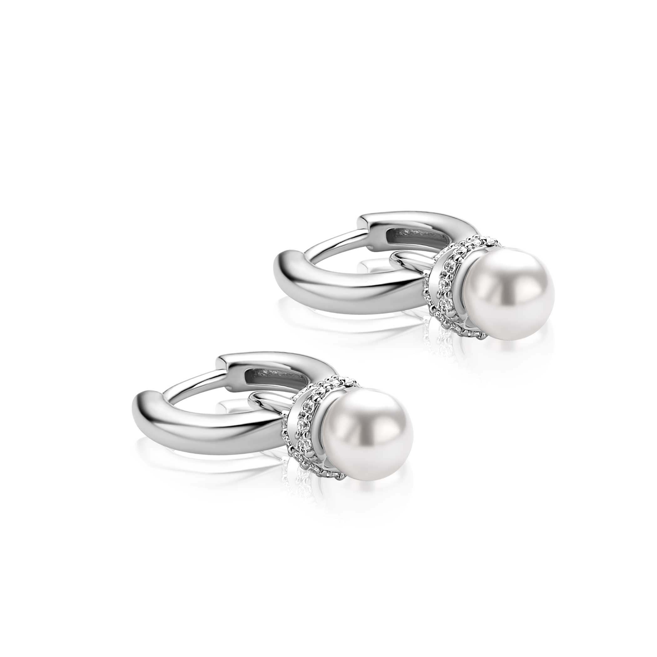 8mm ZINZI zilveren oorbedels met een witte parel en een strikvormige zetting bezet met witte zirkonia’s ZICH2863 (zonder oorringen)