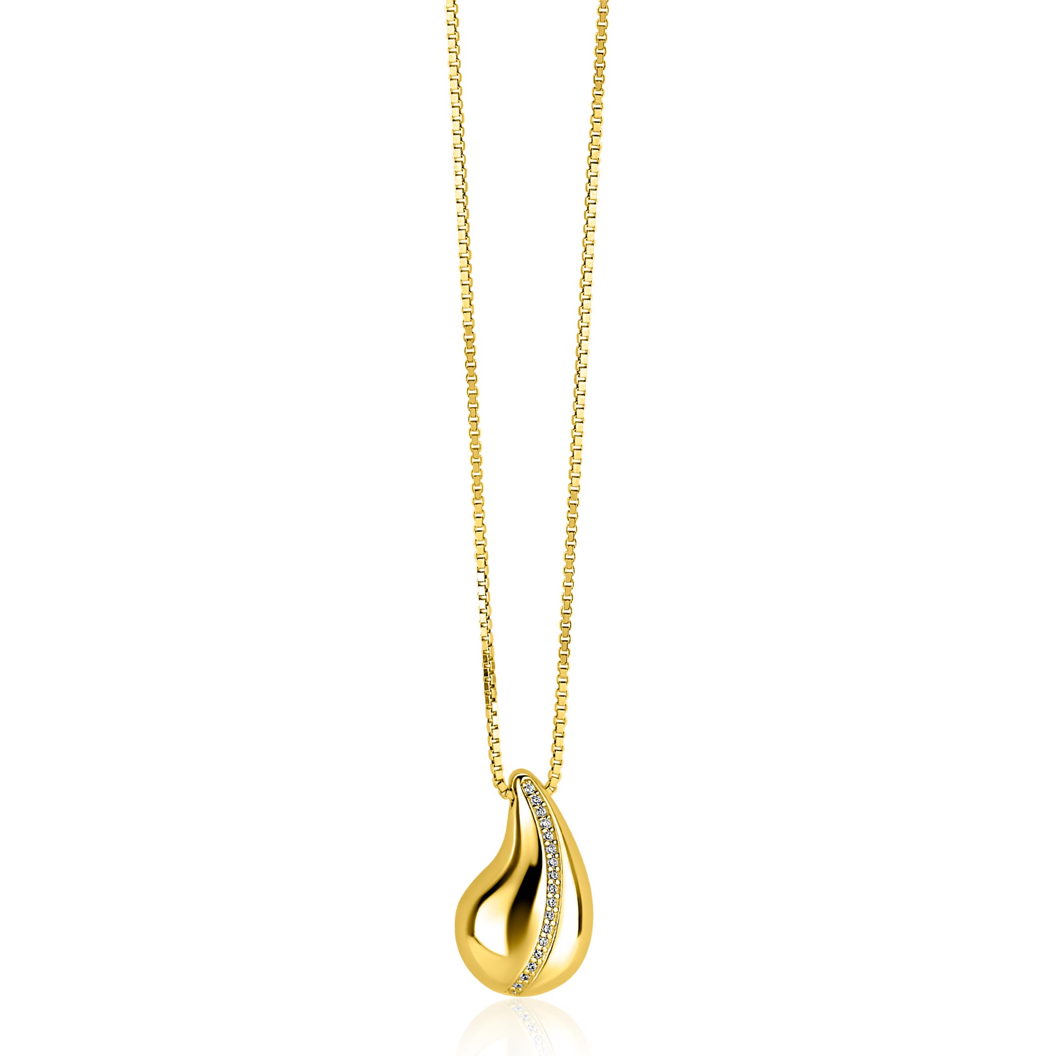 ZINZI gold plated zilveren venetiaanse ketting 45-48cm met druppelvormige hanger 20mm, golvende rij witte zirkonia's ZIC2707Y