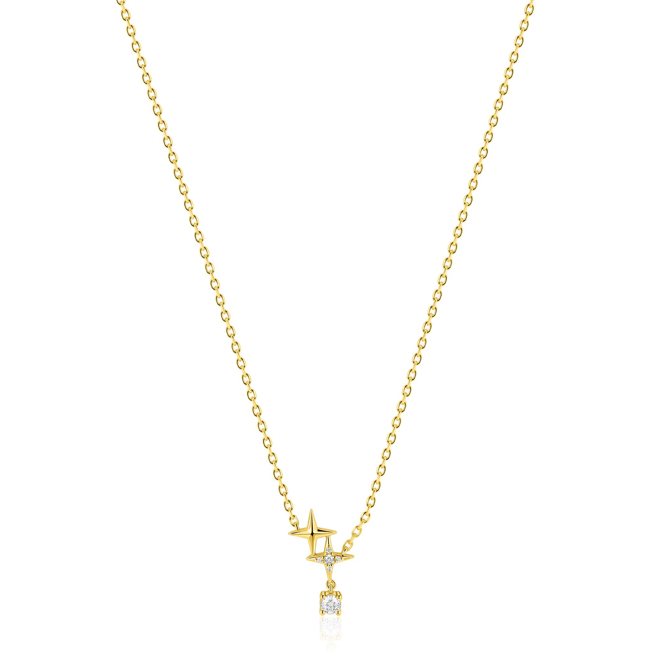 ZINZI goldplated zilveren ketting 45cm'sterrendans'met twee speelse sterren en bungelende witte zirkonia ZIC2837