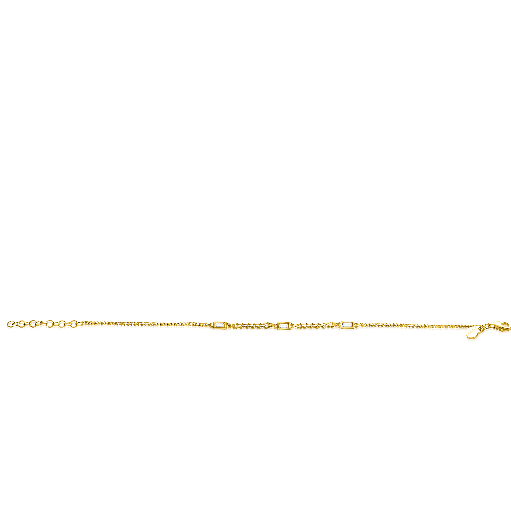 ZINZI gold plated zilveren armband met gourmet schakels in verschillende breedtes en gecombineerd met drie rechthoekige baguette geslepen zirconia's 17-20cm ZIA2410