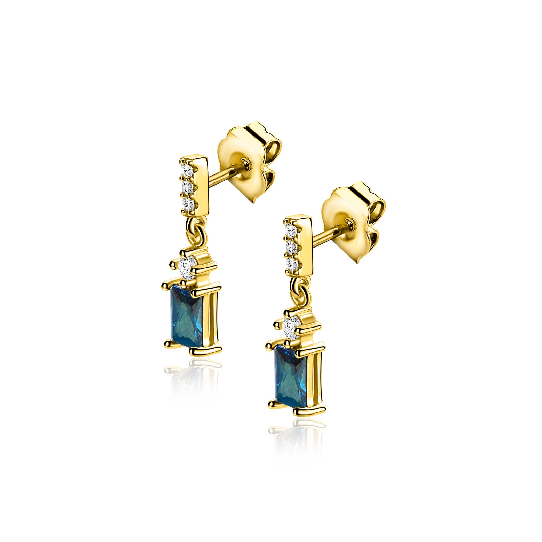 19mm ZINZI gold plated zilveren oorstekers met rechthoekige petrolblauwe kleursteen en rijzetting van witte zirkonia's ZIO2896