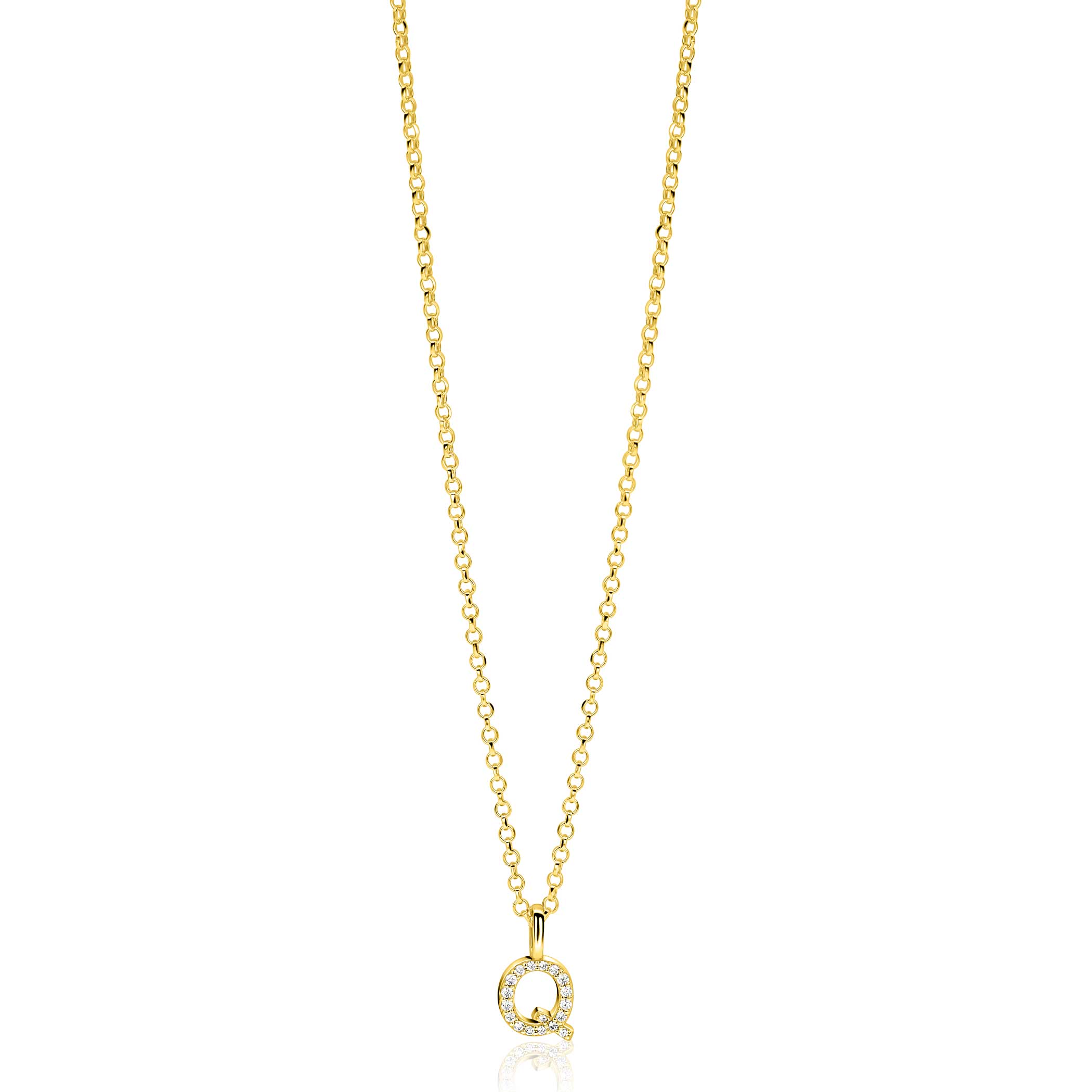 ZINZI gold plated zilveren letter hanger Q bezet met witte zirkonia's ZIH2828-Q (zonder ketting)