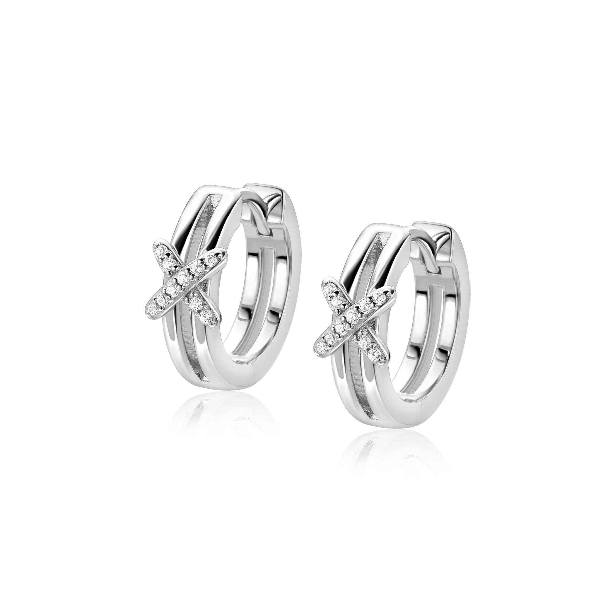 15mm ZINZI zilveren oorringen met speels X-detail bezet met witte zirkonia's ZIO2813