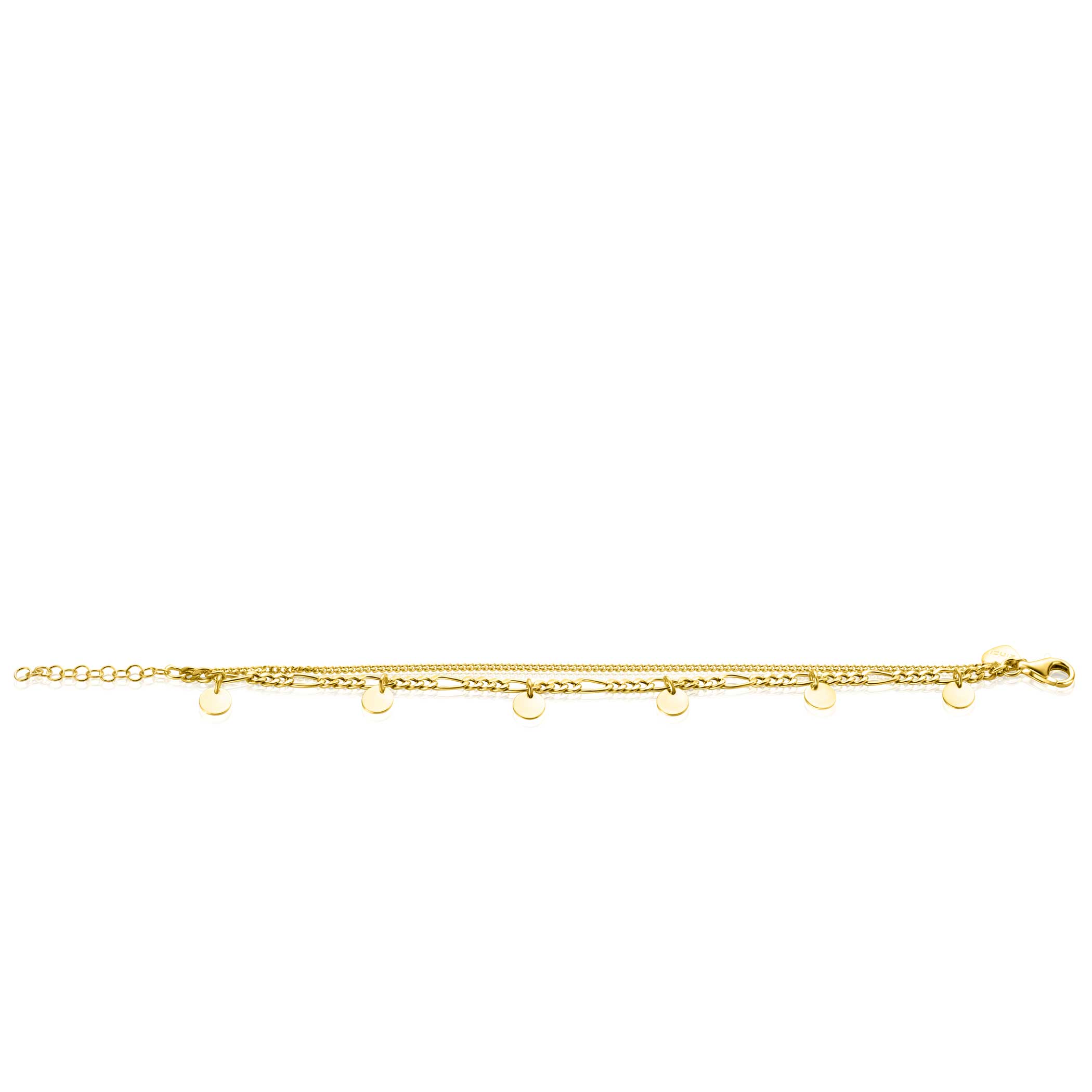 ZINZI gold plated zilveren multi-look armband met gourmet en figaro schakels met 5 ronde plaatjes ZIA2368