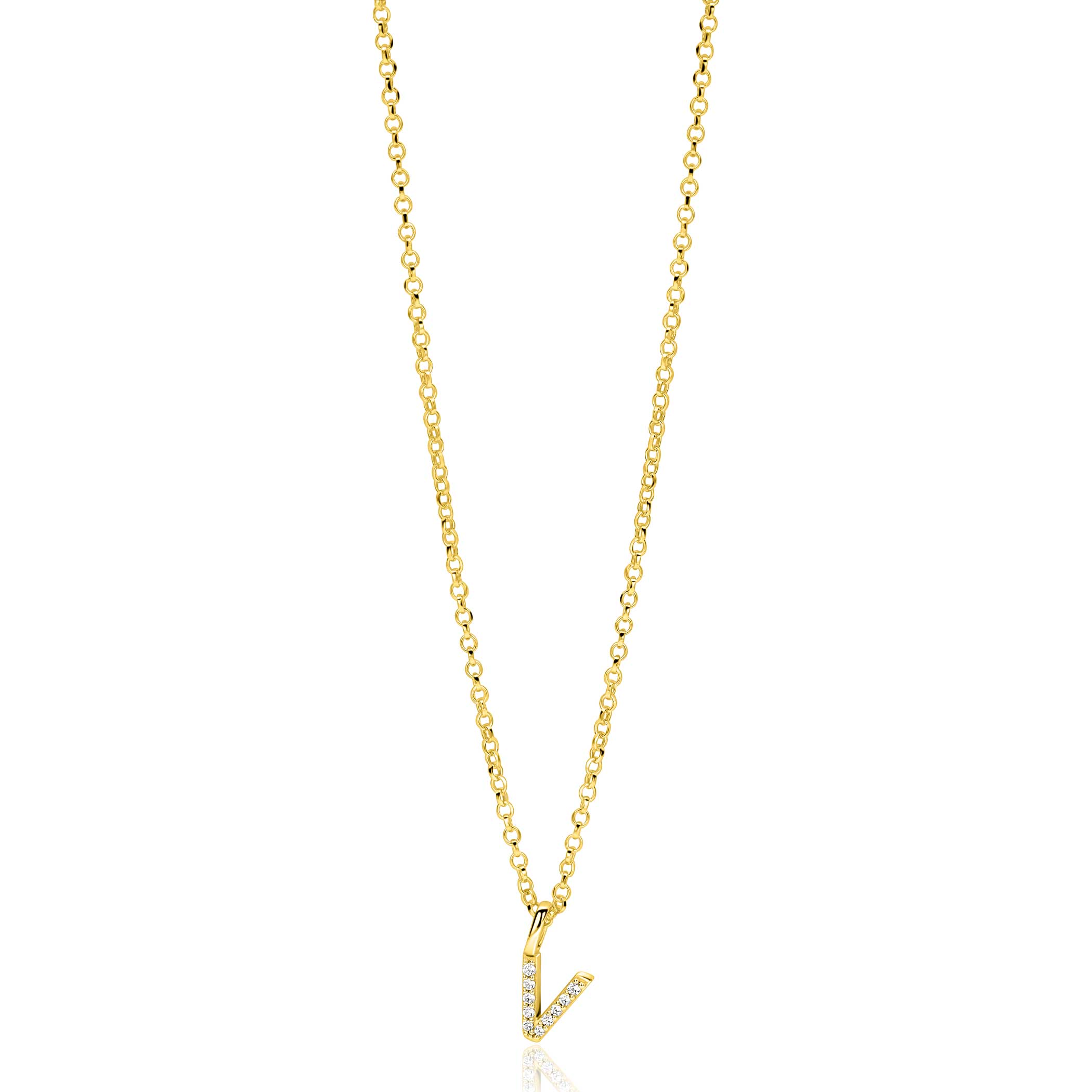 ZINZI gold plated zilveren letter hanger V bezet met witte zirkonia's ZIH2828-V (zonder ketting)