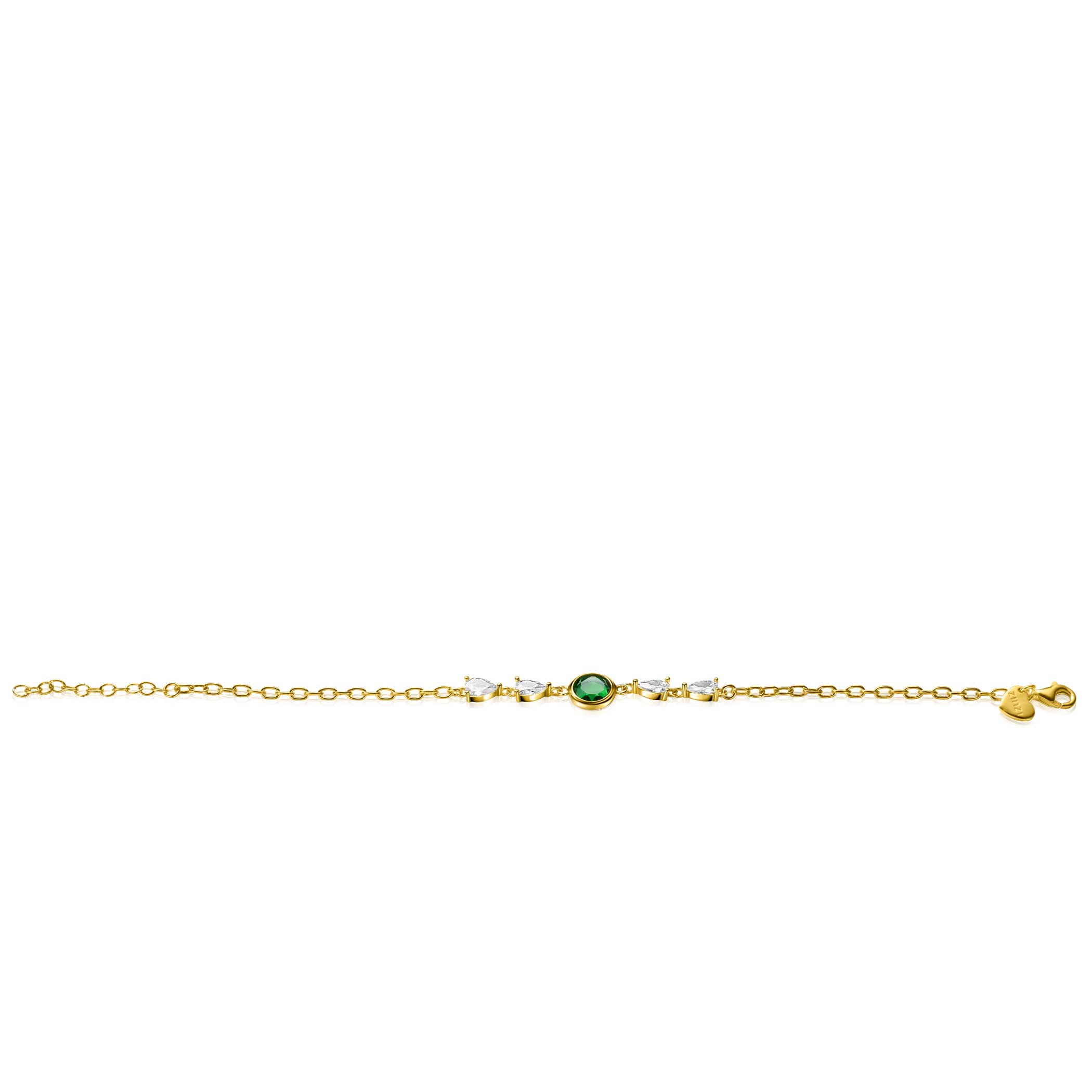 ZINZI gold plated zilveren armband bezet met een ronde groene kleursteen en vier peervormige witte zirconia's 17-20cm ZIA-BF69G