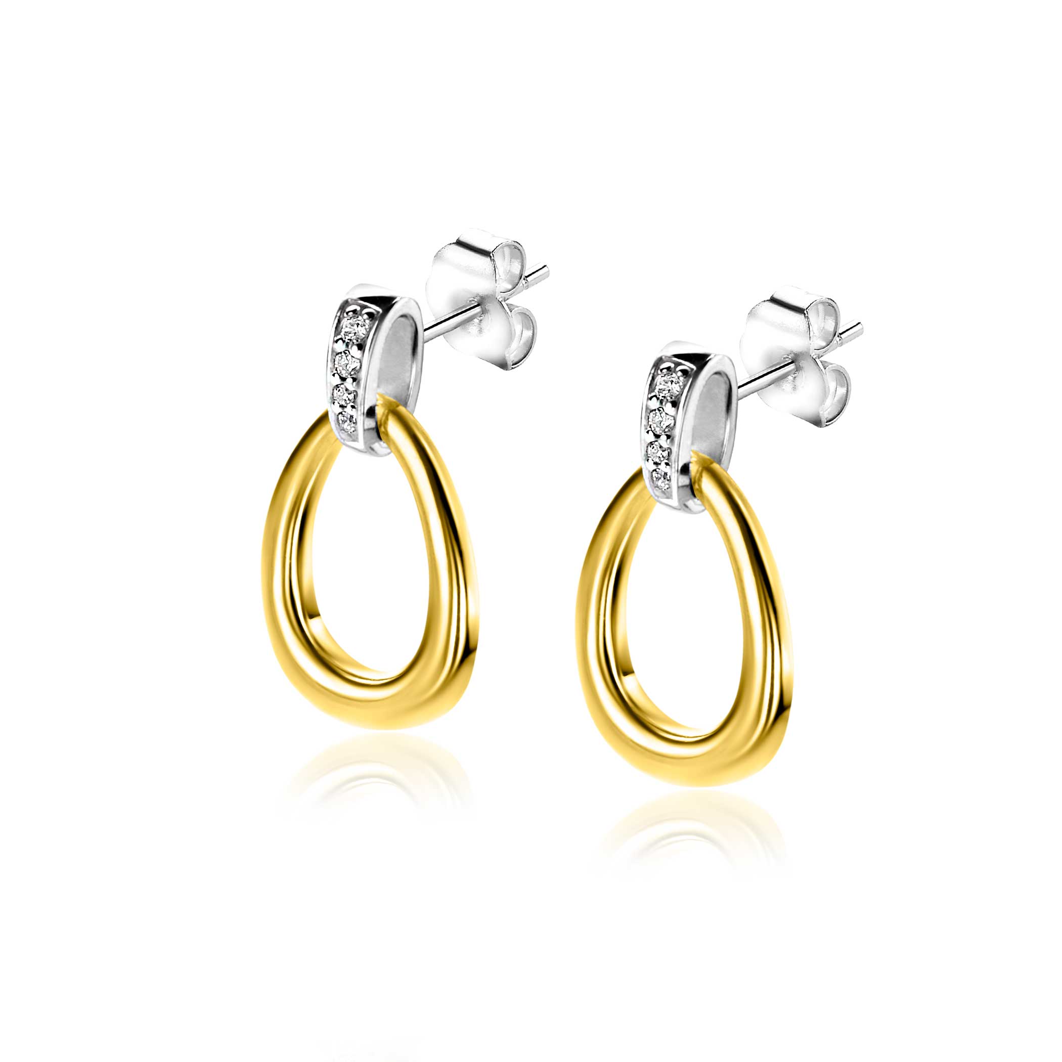 19mm ZINZI gold plated zilveren bicolor oorstekers druppelvorm glad met witte zirconia's ZIO1709Y