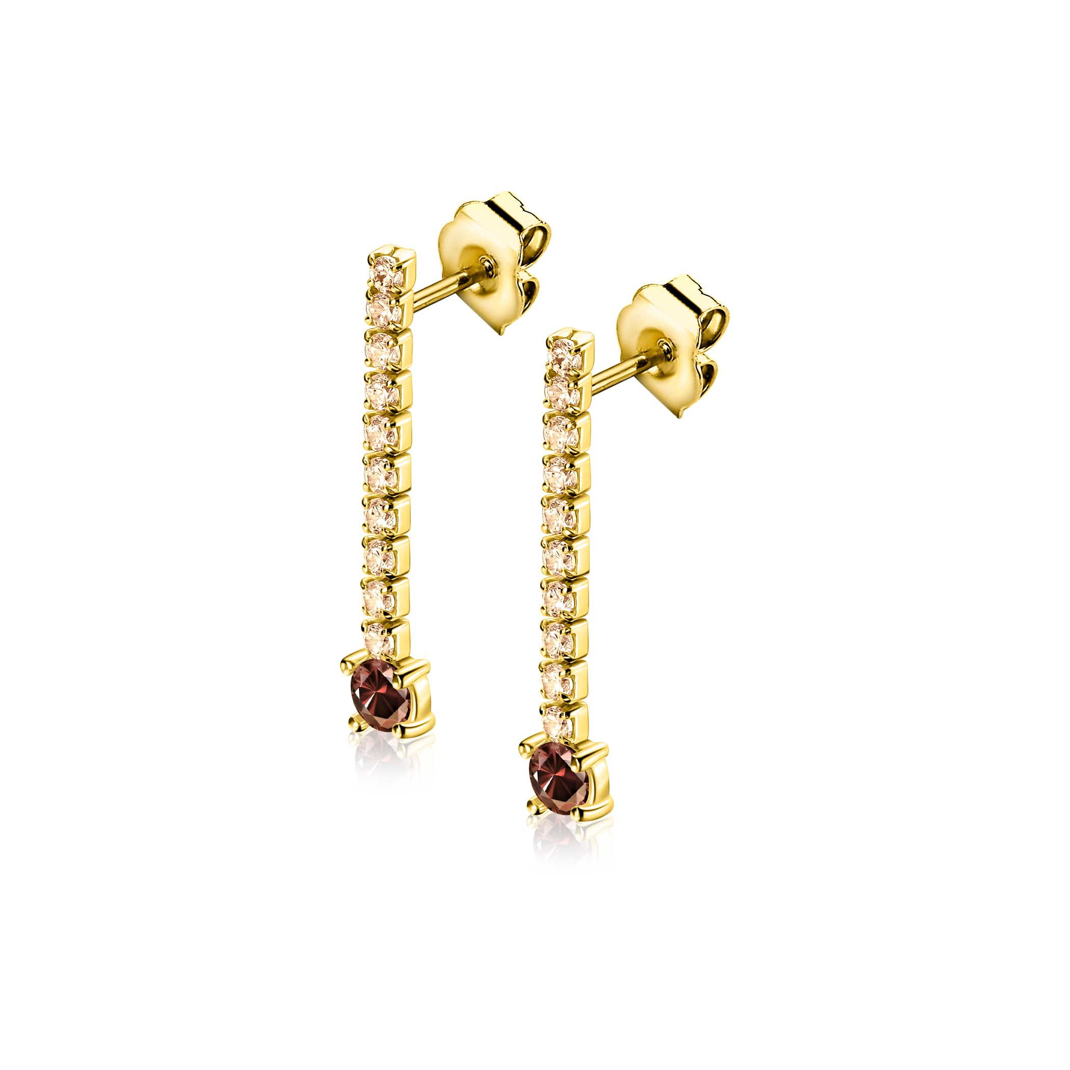 26mm ZINZI gold plated zilveren tennis oorstekers met een rijzetting champagnekleurige zirkonia's en iets grotere donkerbruine zirkonia's ZIO2894C