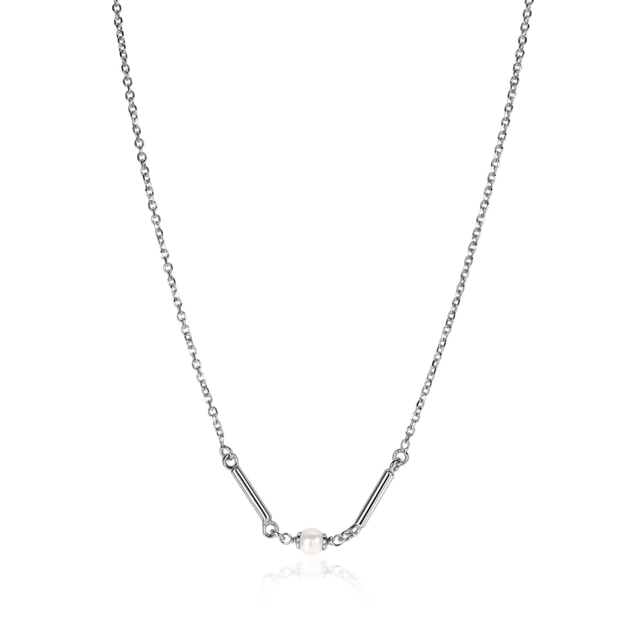 ZINZI zilveren schakel ketting met twee glanzende staafjes en witte zoetwaterparel 42-45cm ZIC-BF108
