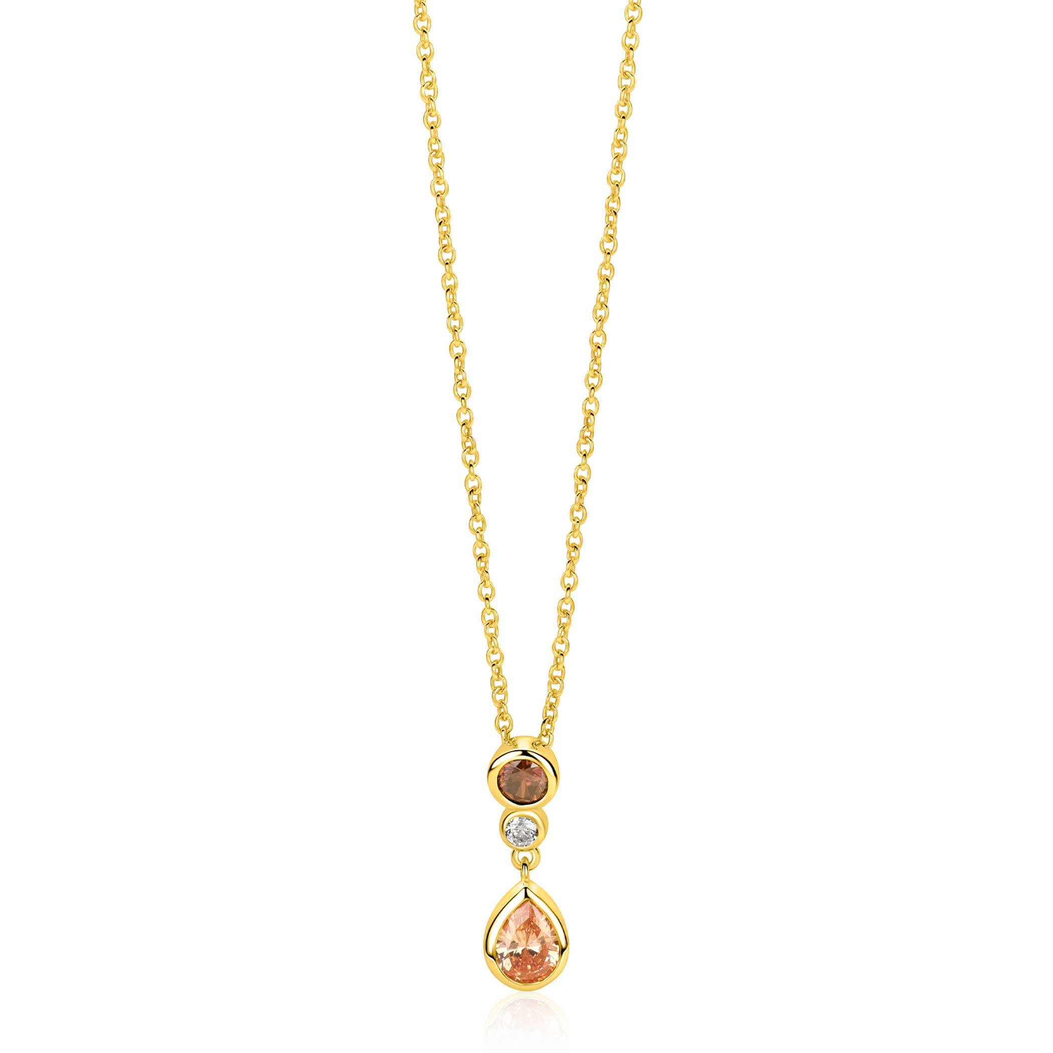 ZINZI gold plated zilveren collier 45cm met kleurrijke hanger (20mm) een speelse combinatie van vormen en kleuren champagne, bruin en wit ZIC2900