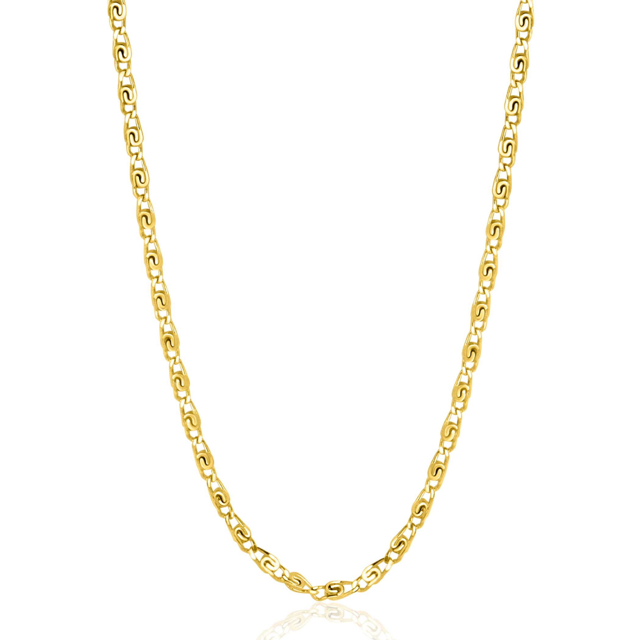 ZINZI gold plated zilveren scroll schakelketting, waarbij de schakels een dubbele krul/kronkeling maken 42-45cm ZIC2479G