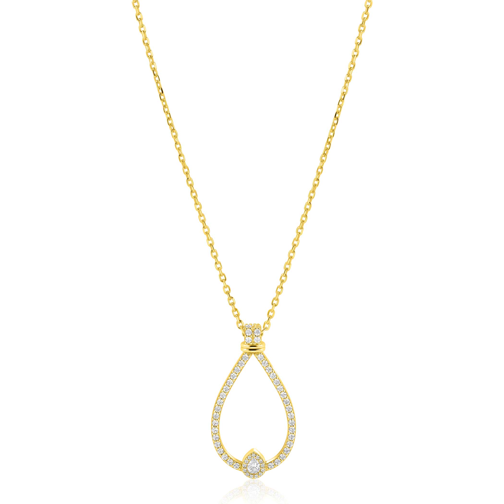 ZINZI goldplated zilveren ketting 45cm met grote sierlijke druppelvormige hanger 35mm met witte zirkonia’s ZIC2815