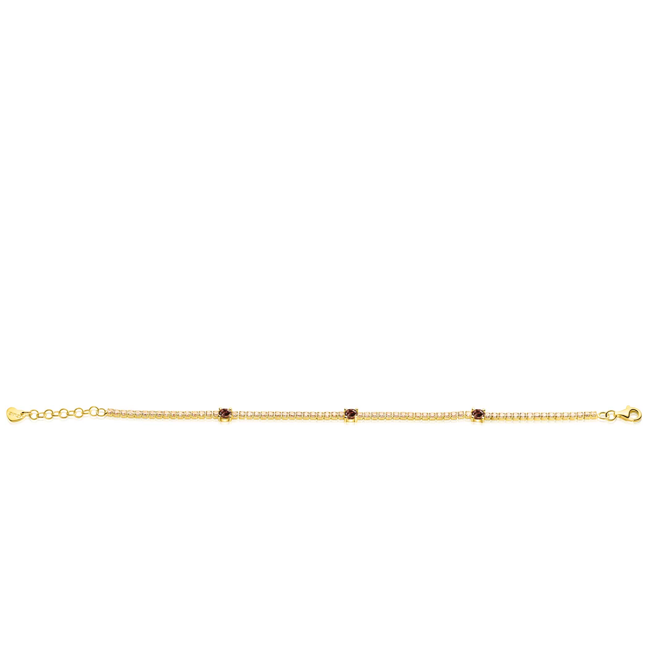 ZINZI gold plated zilveren tennisarmband 2,1mm breed bezet met champagnekleurige zirkonia’s in verfijnde rijzetting, afgewisseld met drie grotere donkerbruine kleurstenen (4,3mm) in chatonzetting ZIA2894C