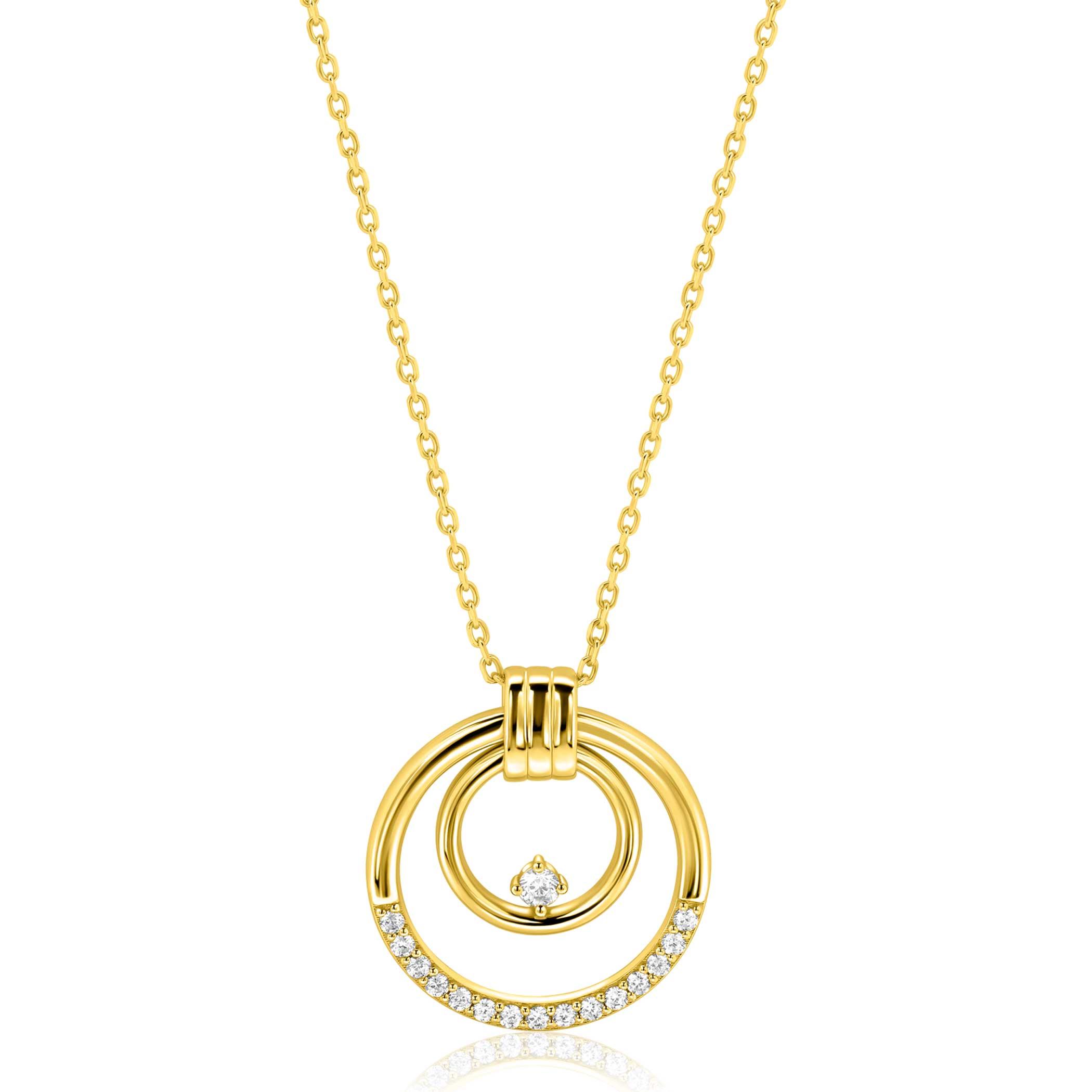 ZINZI goldplated zilveren ketting 45cm met elegante dubbele ronde hanger (24mm) speels bezet met witte zirkonia's ZIC2819