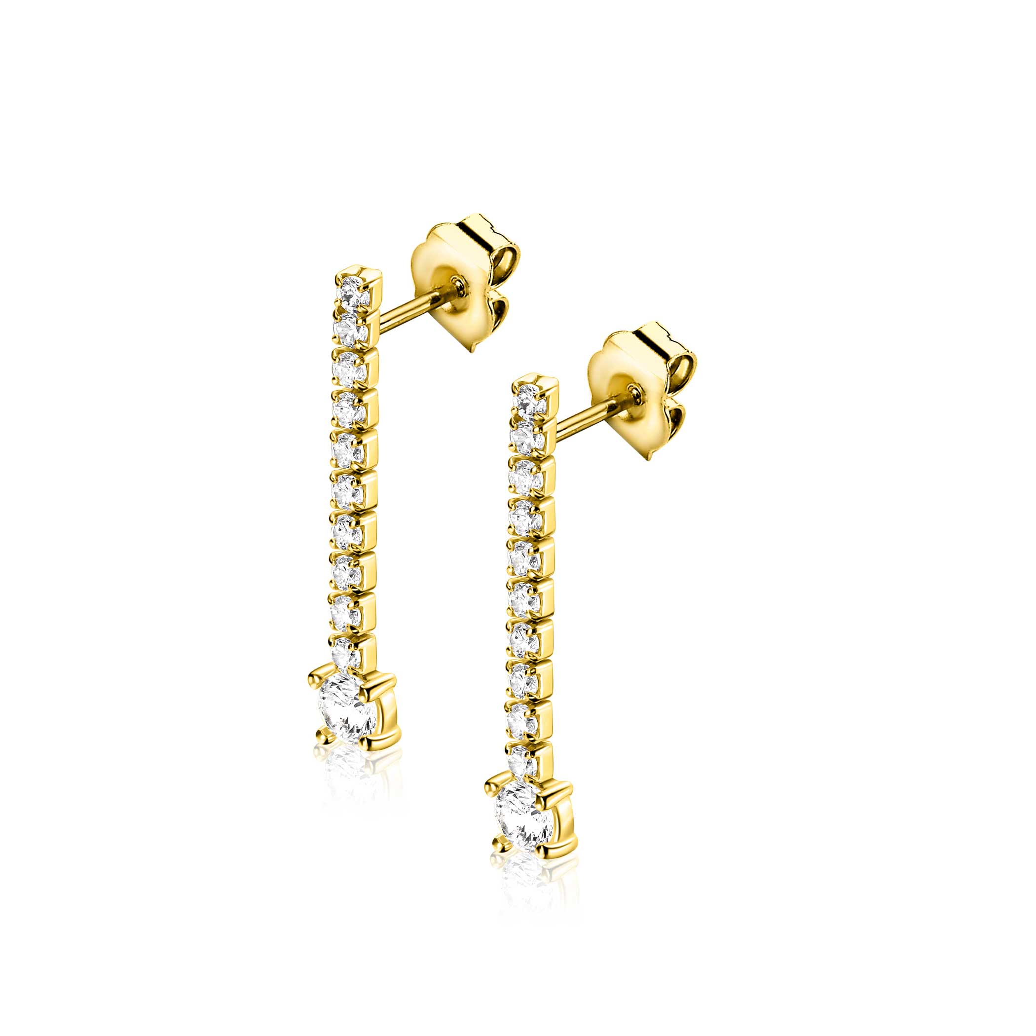 26mm ZINZI gold plated zilveren tennis oorstekers met een rijzetting witte zirkonia's in verschillende grootte ZIO2894Y