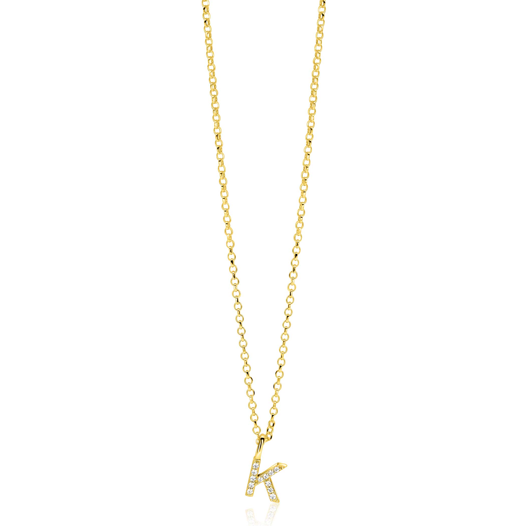 ZINZI gold plated zilveren letter hanger K bezet met witte zirkonia's ZIH2828-K (zonder ketting)