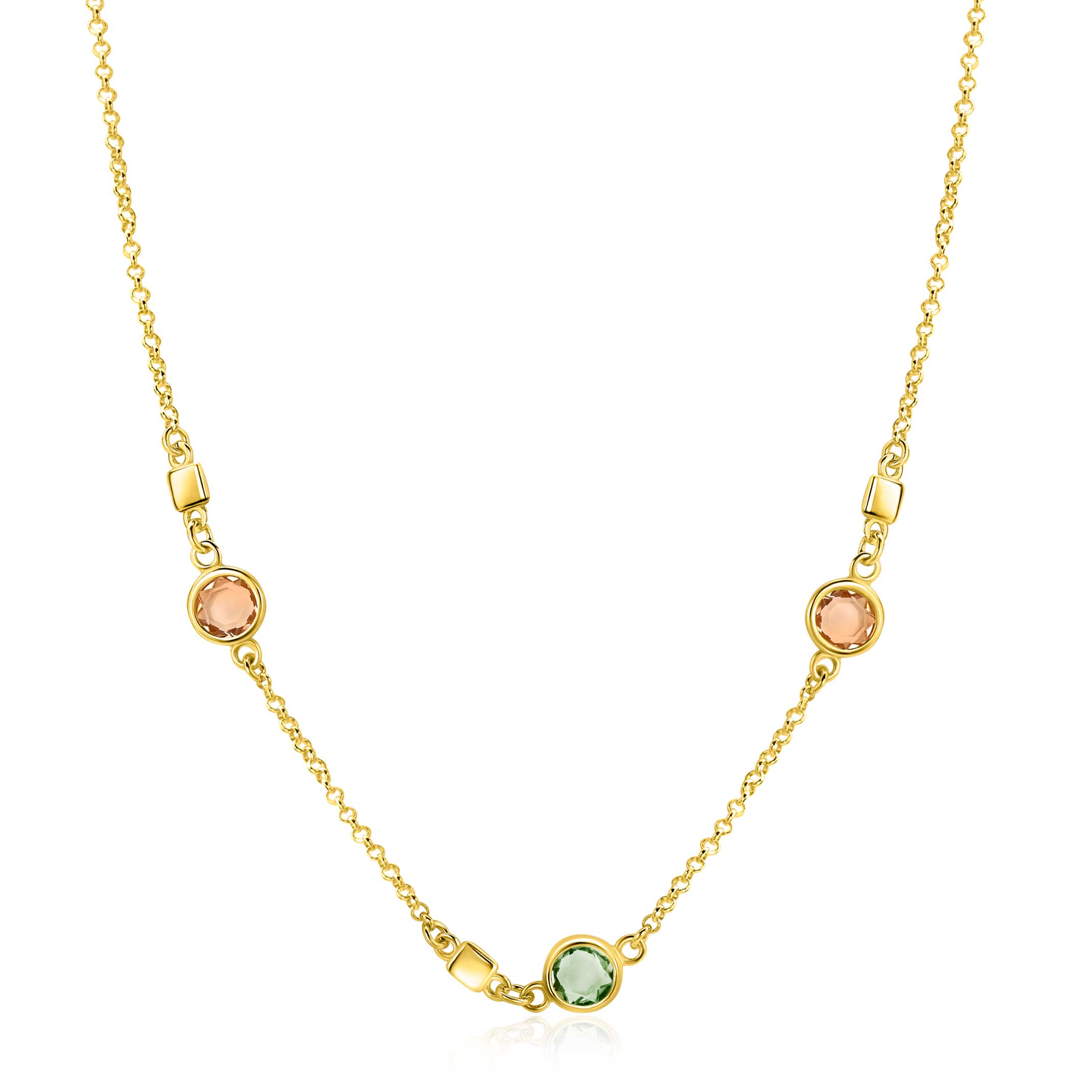 ZINZI gold plated zilveren ketting 45cm met ronde kleurstenen in zachte groen- en champagnetinten, afgewisseld met vierkante plaatjes ZIC2907