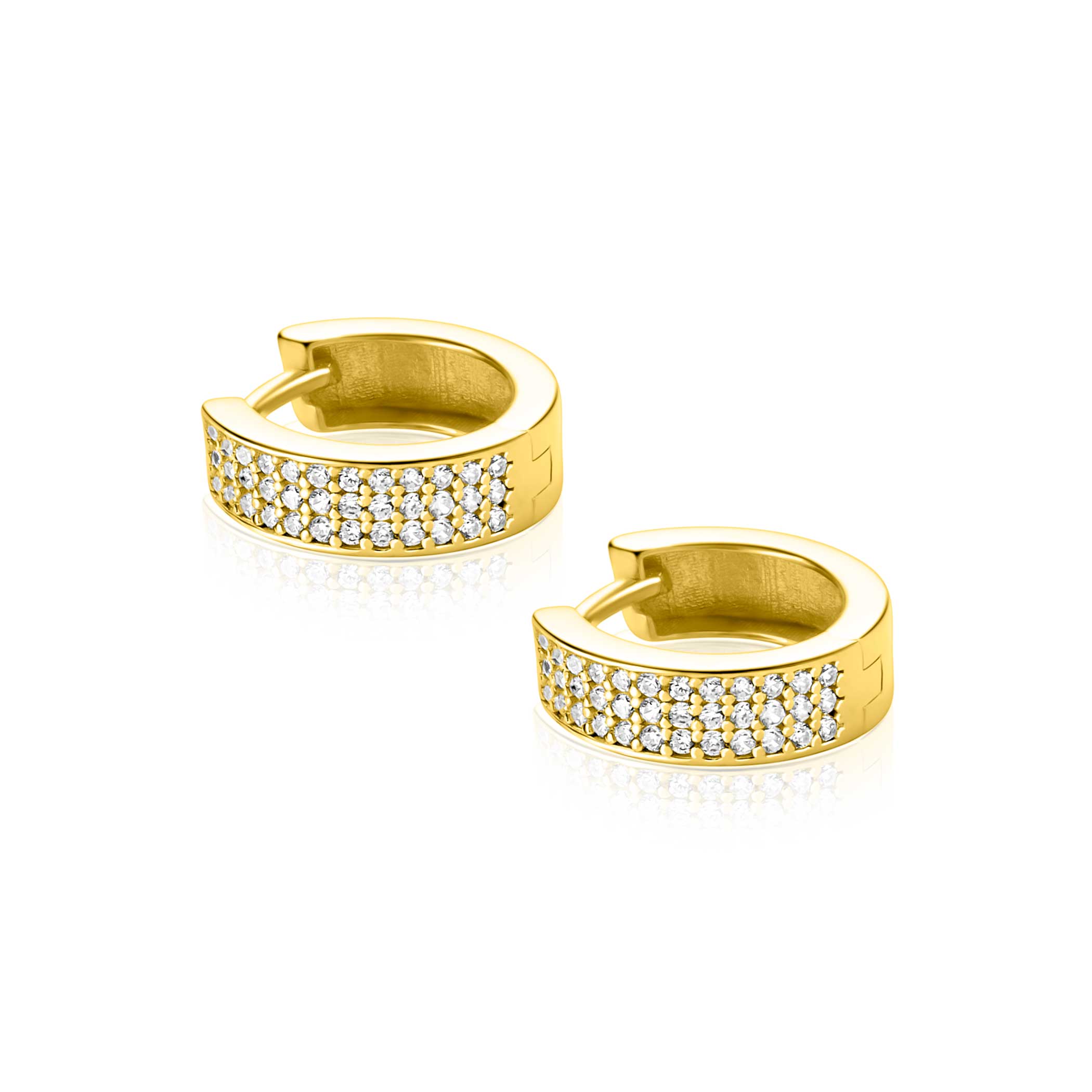 13mm ZINZI gold plated zilveren brede oorringen bezet met drie rijen schitterende witte zirkonia’s, luxe klapsluiting ZIO2862Y