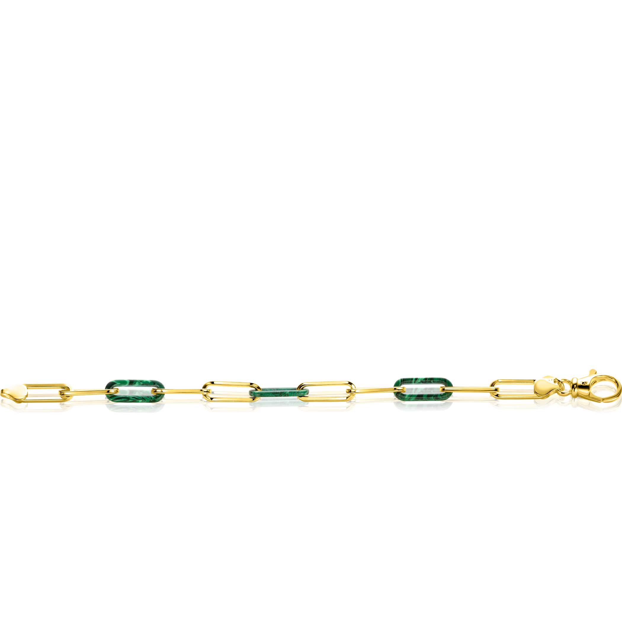 ZINZI gold plated zilveren armband met paperclip-schakels en drie trendy schakels in malachietgroen 19cm ZIA2548