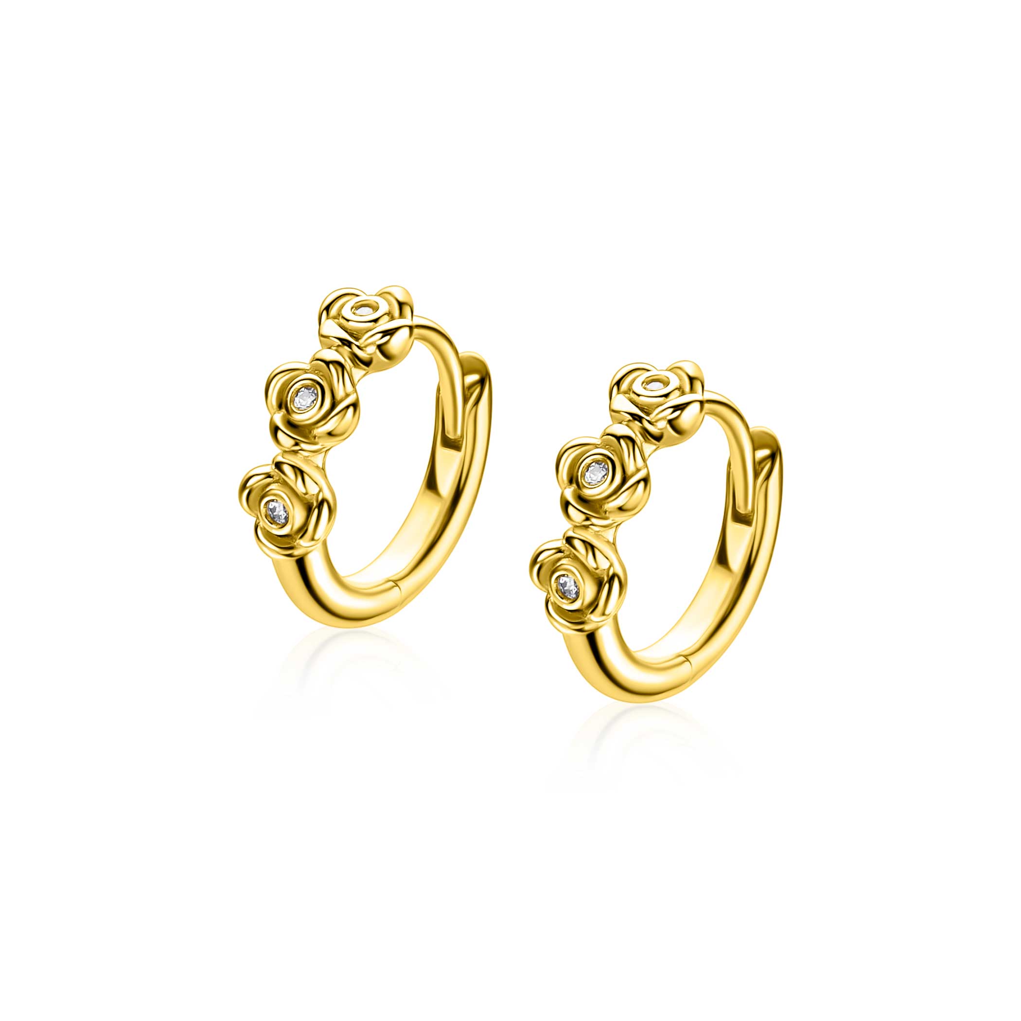 13mm ZINZI gold plated zilveren oorringen met drie roosjes, bezet met witte zirkonia’s, luxe klapsluiting ZIO2873Y