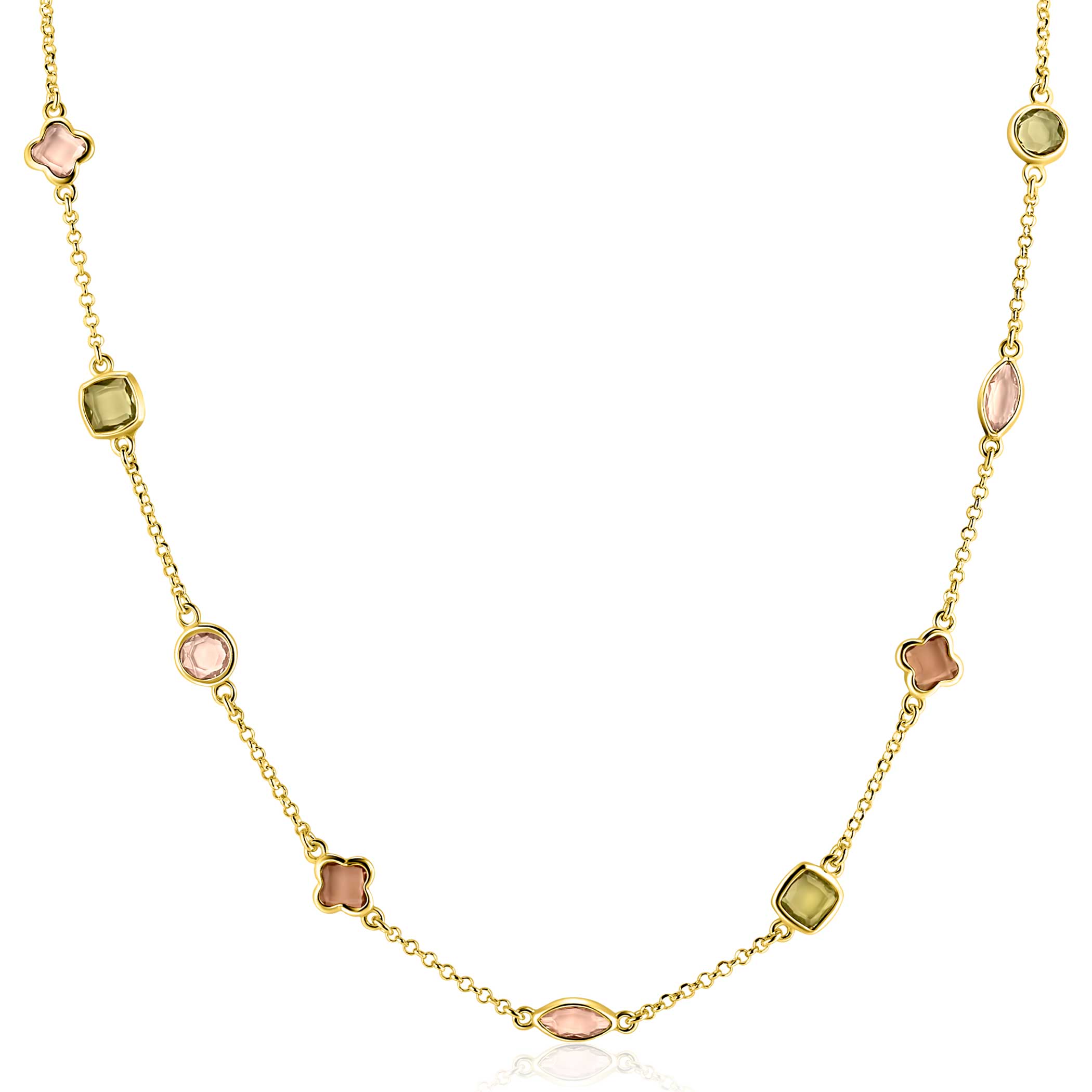 ZINZI gold plated zilveren fantasie collier 45cm met speelse vormen bruin en olijfgroen ZIC2771