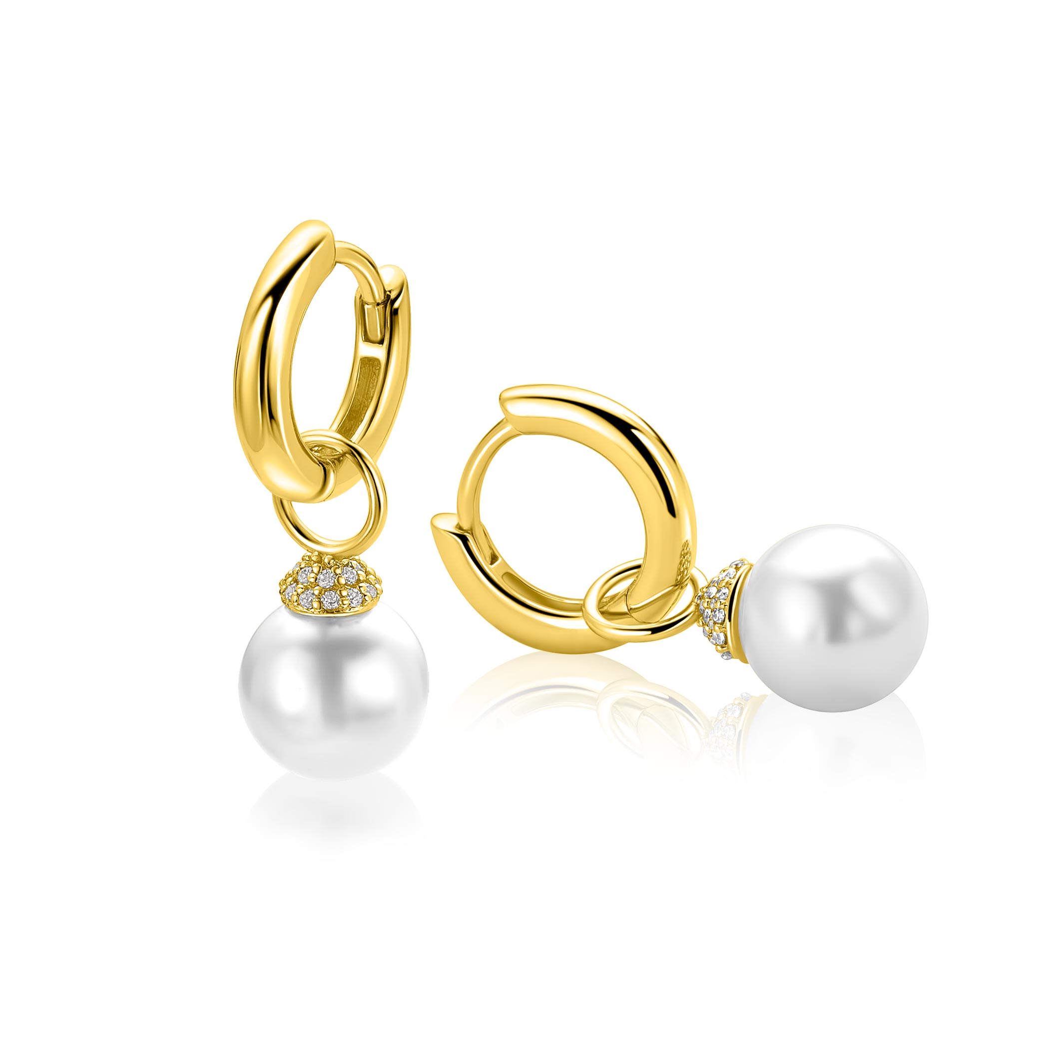 8mm ZINZI goldplated zilveren oorbedels met ronde witte parel en pavé gezette top met witte zirkonia’s ZICH2823Y (zonder oorringen)