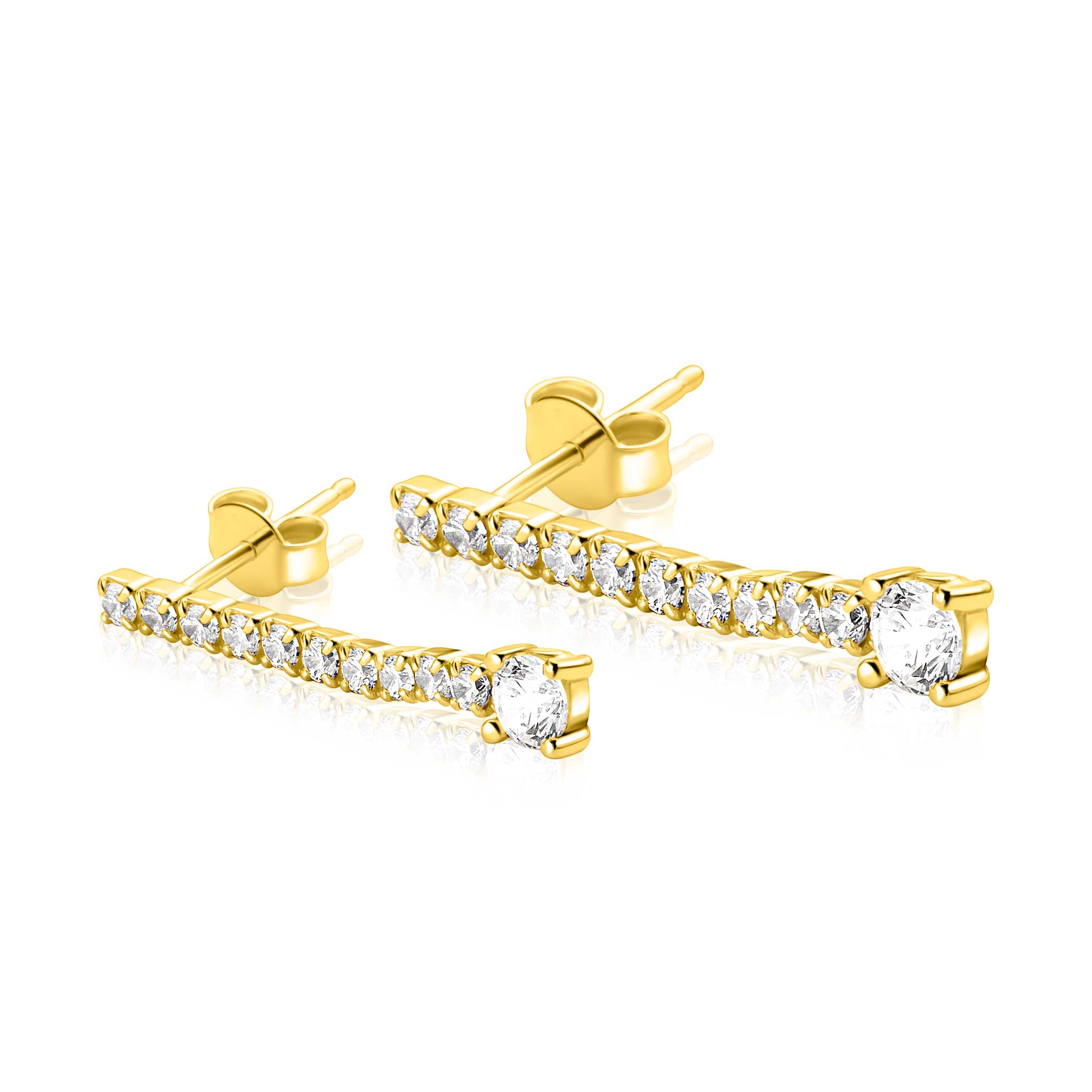 26mm ZINZI gold plated zilveren tennis oorstekers met een rijzetting witte zirkonia's in verschillende grootte ZIO2894Y