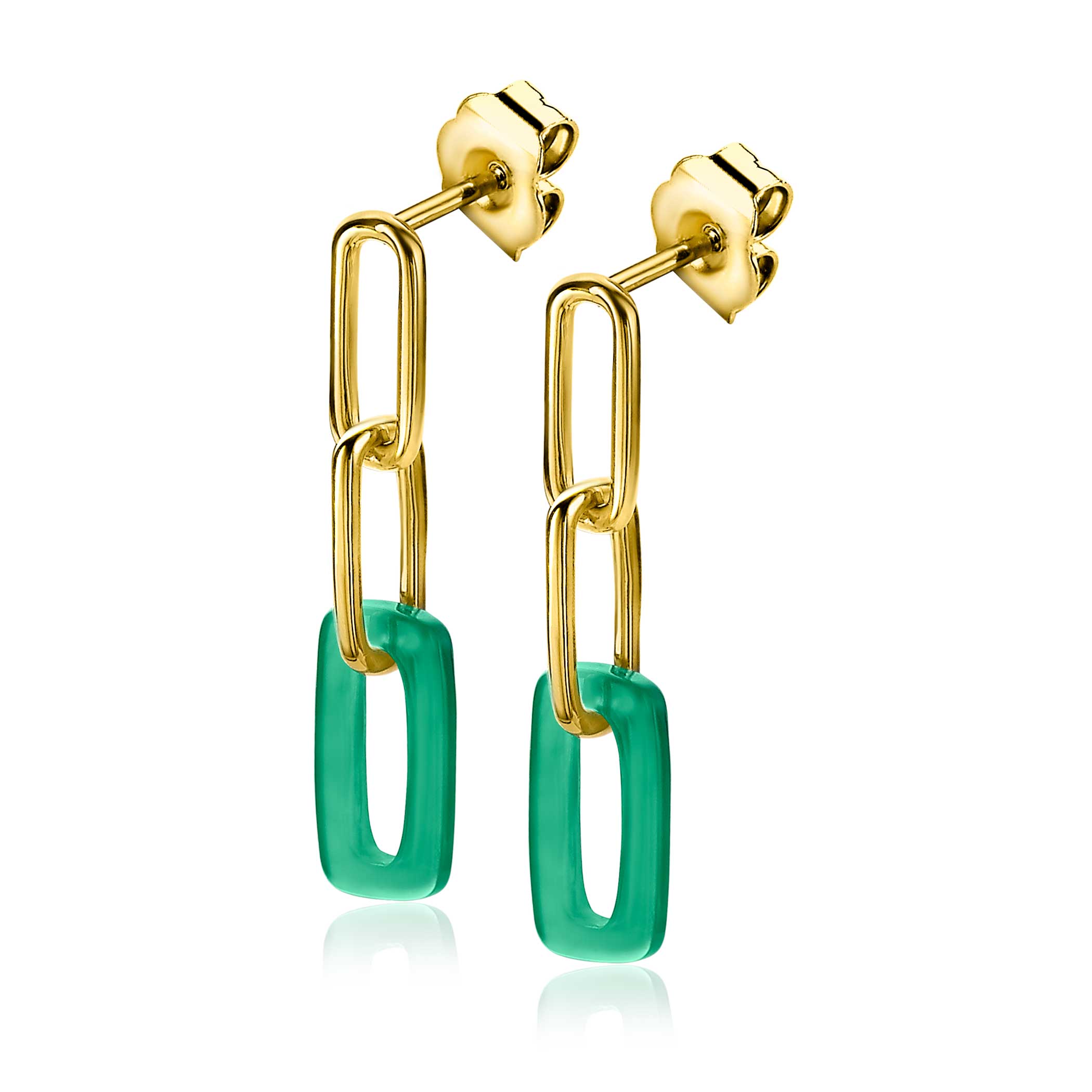 ZINZI zilveren oorhangers 14K geel verguld 34mm open ovaal groen agaat ZIO2208G