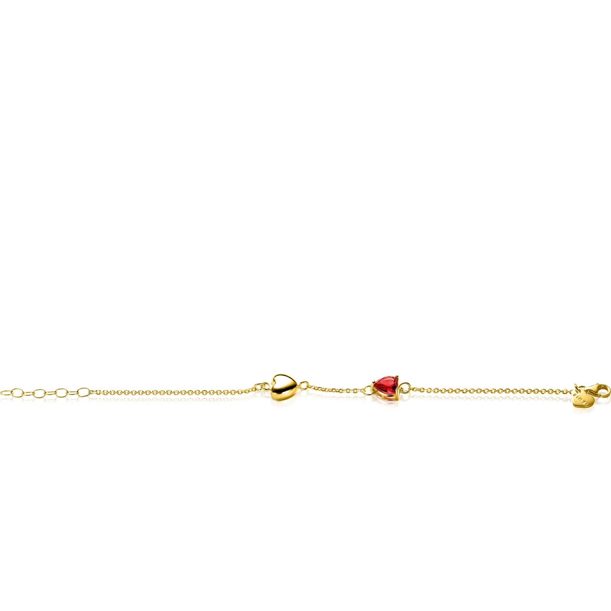 ZINZI gold plated zilveren schakel armband met liefdevolle harten, glanzend en bezet met rode kleursteen 17-19,5cm ZIA-BF94