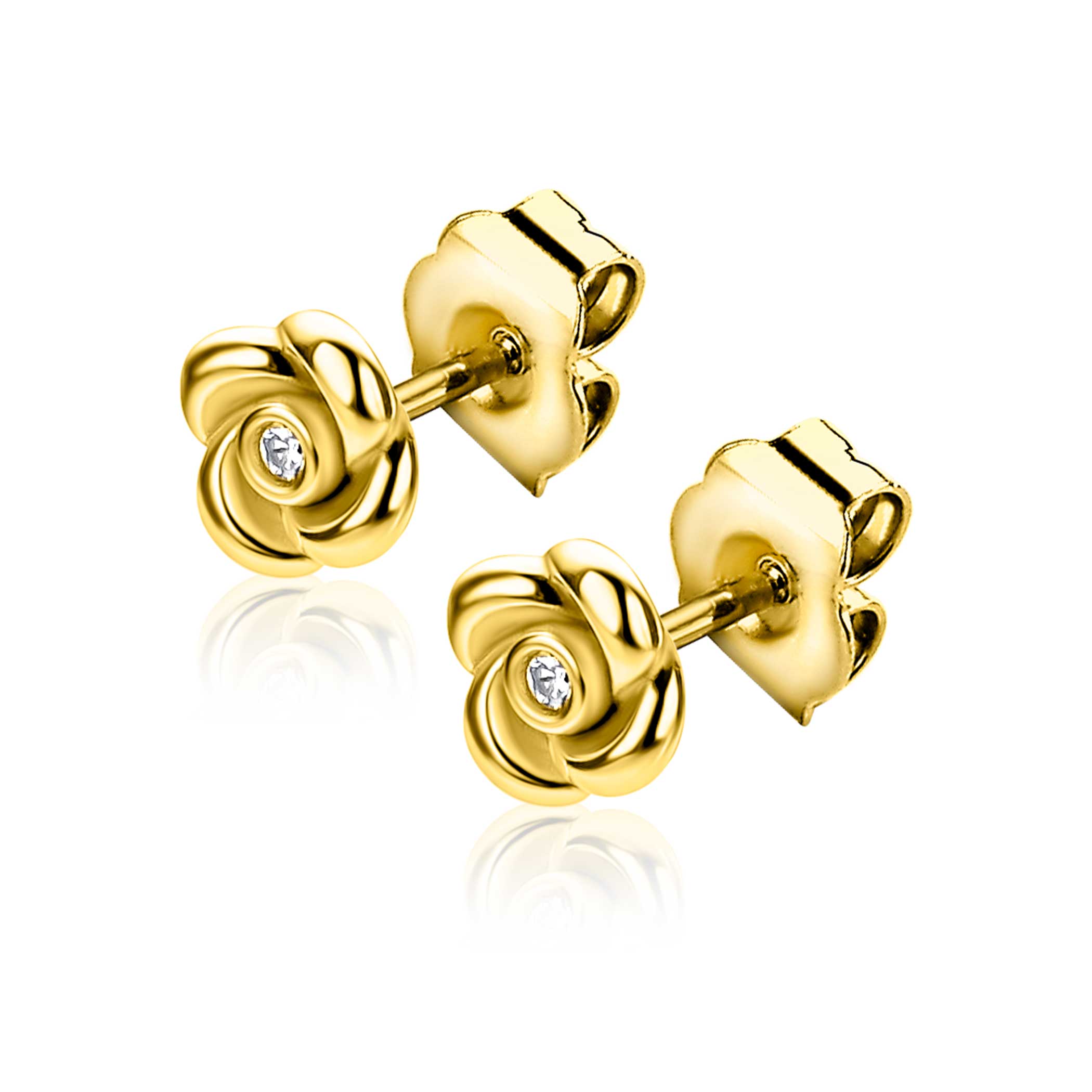 6mm ZINZI gold plated zilveren oorstekers met een roosje, bezet met witte zirkonia ZIO2872Y