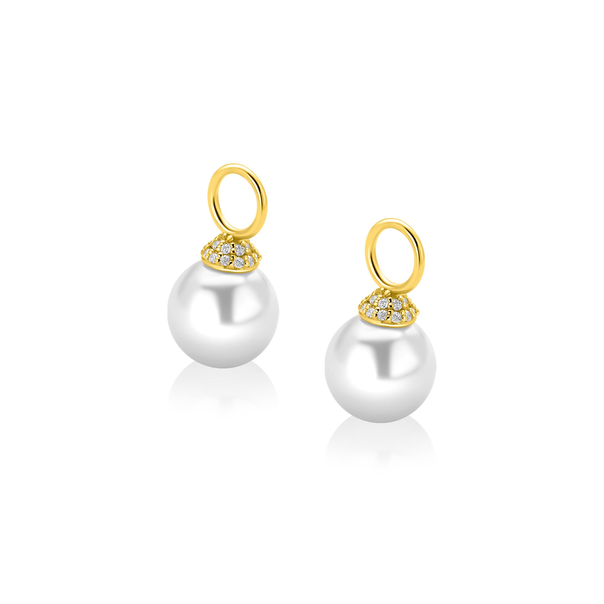 8mm ZINZI goldplated zilveren oorbedels met ronde witte parel en pavé gezette top met witte zirkonia’s ZICH2823Y (zonder oorringen)