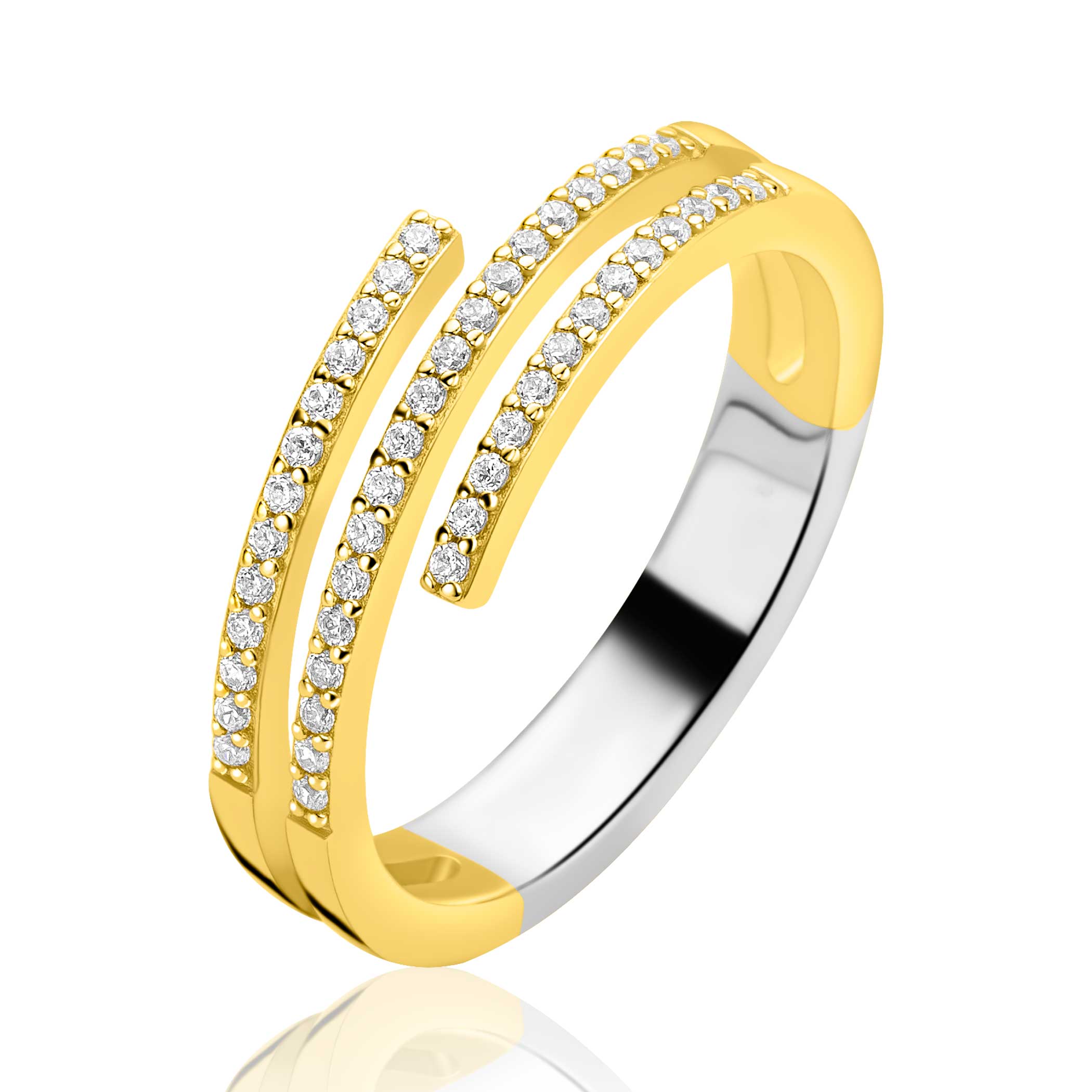 ZINZI goldplated zilveren multi look ring (6mm breed) met 3 banen bezet met witte zirkonia’s ZIR2727Y