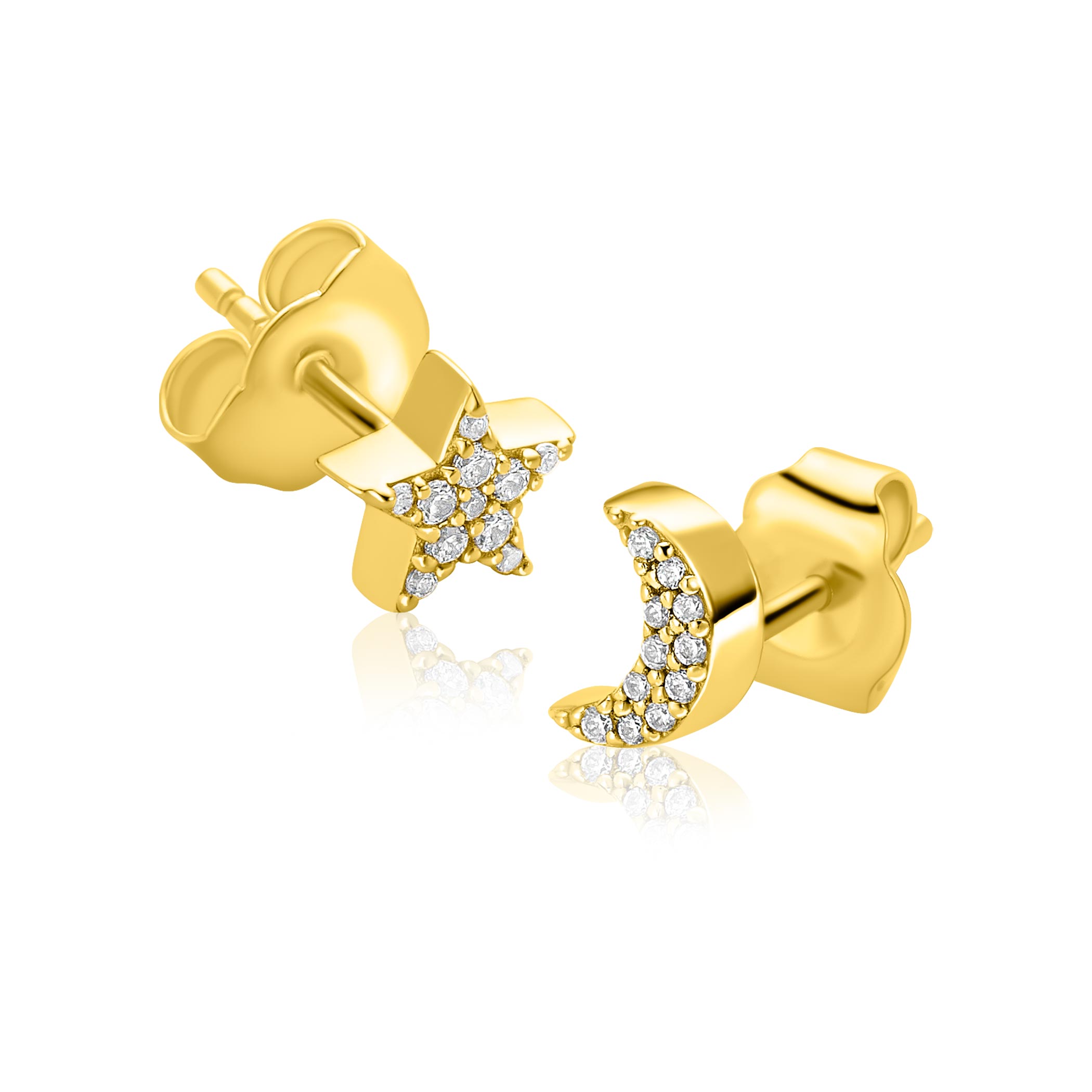 7mm ZINZI goldplated zilveren oorknopjes in ster- en maansymbool, bezet met fonkelende witte zirkonia’s ZIO2827