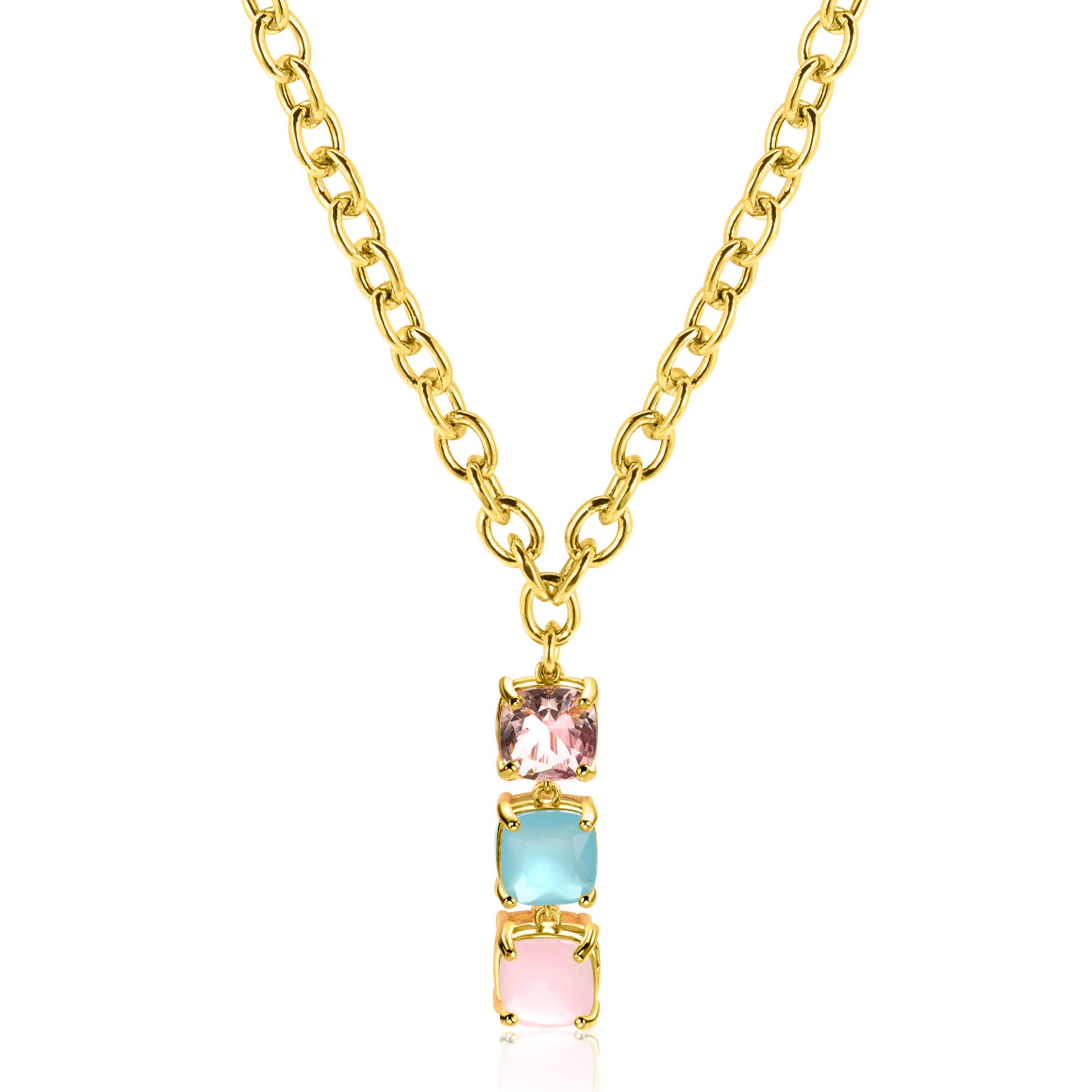 ZINZI gold plated zilveren schakel ketting 43-45cm met luxe hanger (30mm) van drie vierkante zettingen bezet met roze en turquoise kleurstenen ZIC2454